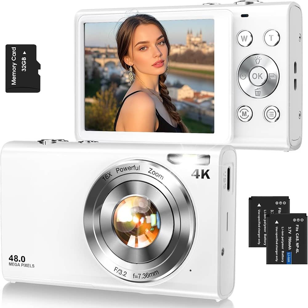 ACJPR - 4K Vlogging Camera, 48MP, 16X Zoom, Anti-Shake, 32GB Card (White)