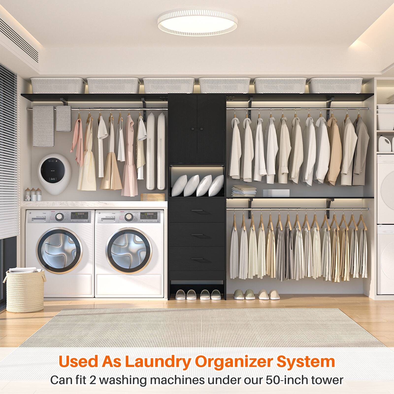Used As Laundry Organizer System  
Can fit 2 washing machines under our 50-inch tower