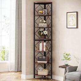 Tribesigns - Corner Bookshelf with Engineered Wood Construction and Storage Shelves for Living Room and Home Office - Brown