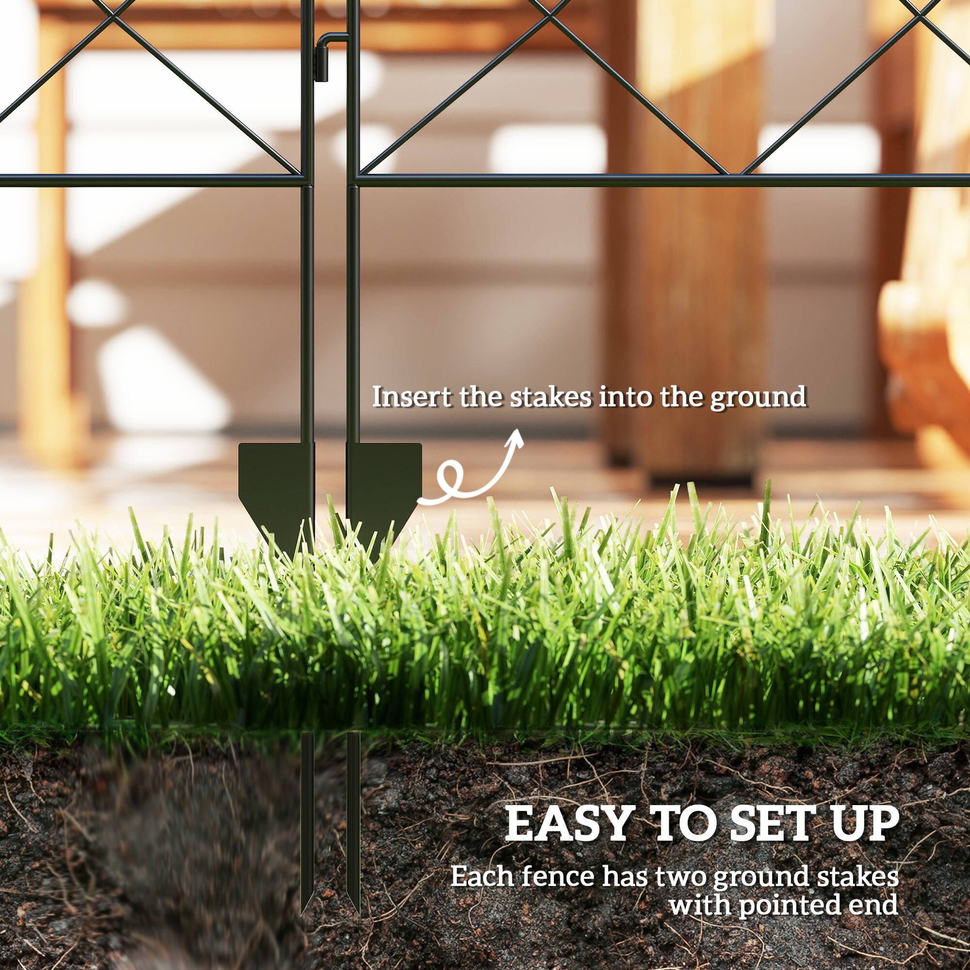 Insert the stakes into the ground

EASY TO SET UP

Each fence has two ground stakes with pointed end
