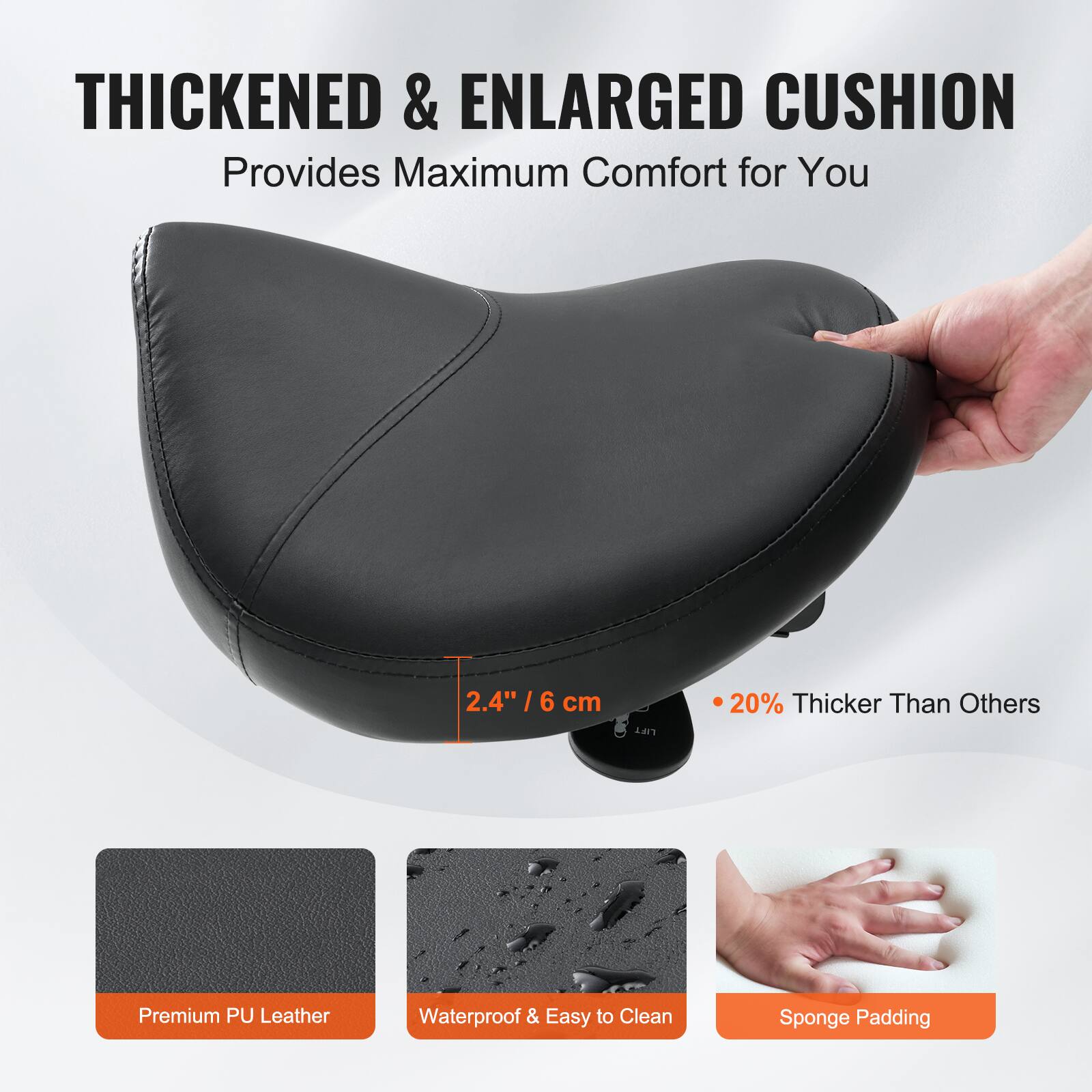 THICKENED & ENLARGED CUSHION Provides Maximum Comfort for You 2.4" / 6 cm 20% Thicker Than Others Premium PU Leather Waterproof & Easy to Clean Sponge Padding