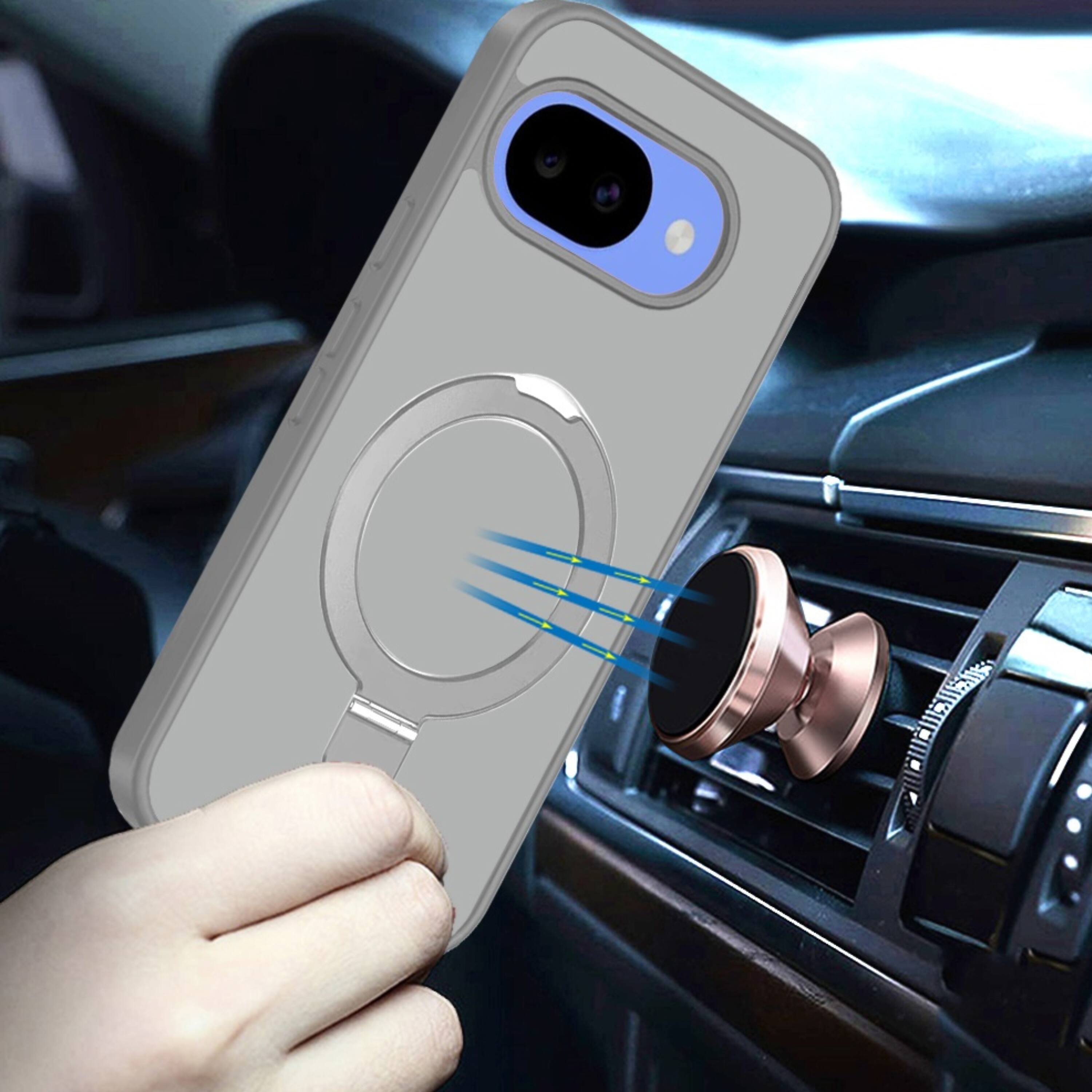 Left. Kitcheniva - Matte Finish Metal Circle Ring Stand Rugged Cover Phone Case With Tempered Glass For Google Pixel 10a Grey - Gray.