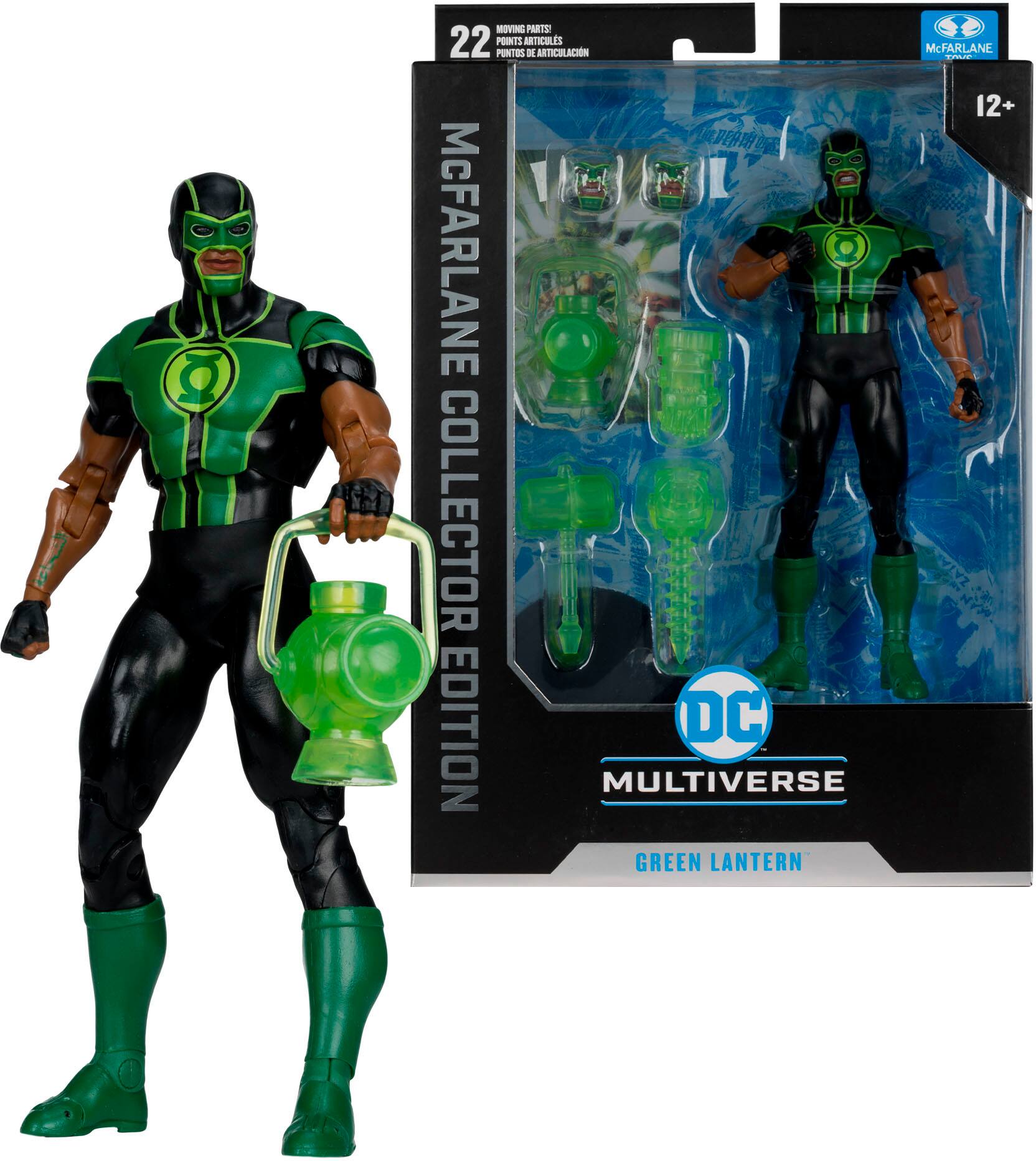 The image features a Green Lantern action figure from the DC Multiverse line by McFarlane Toys. The figure is holding a lantern, and it is displayed in a box. The action figure is a collector's edition, and it is designed for 12+ age group.