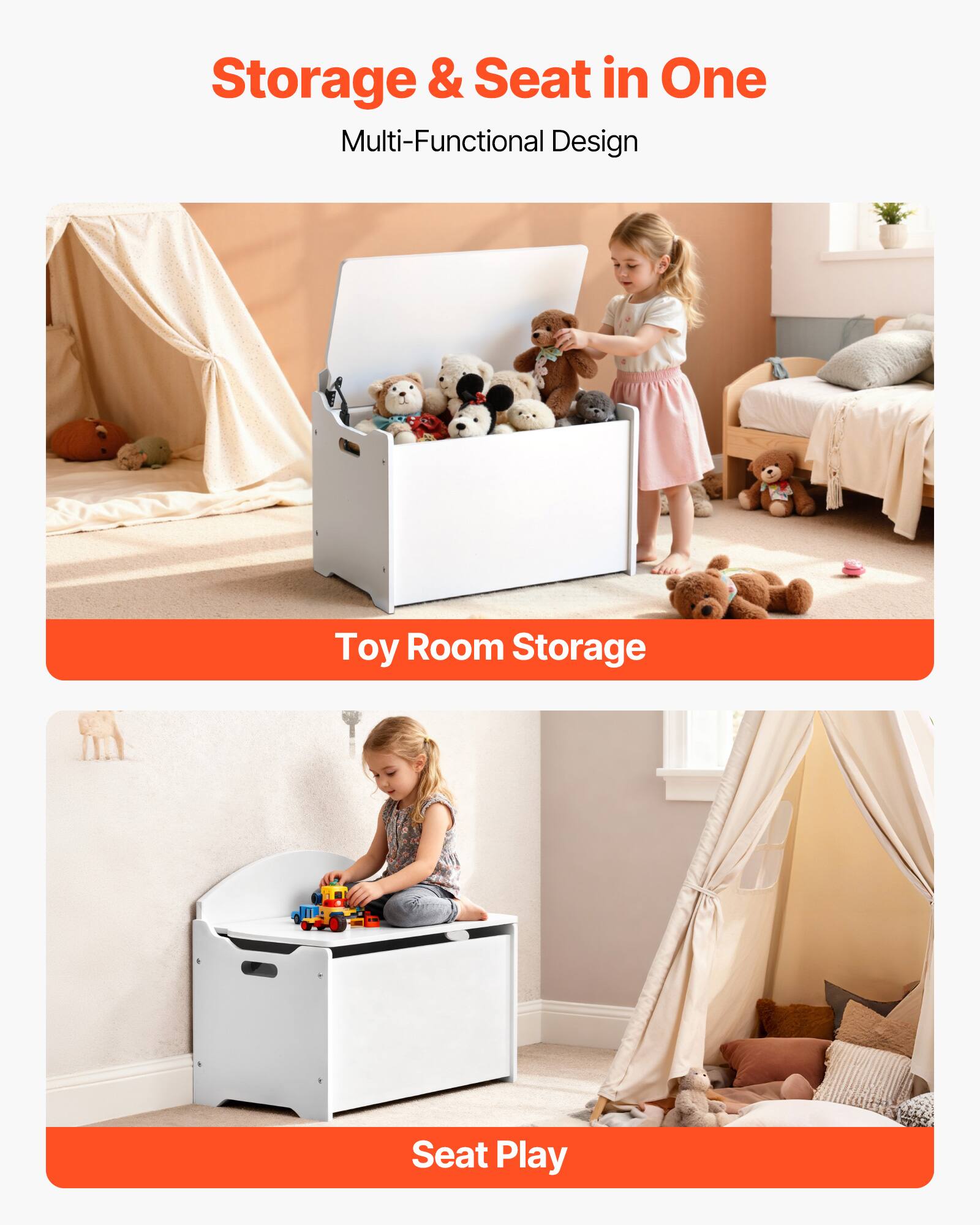 Storage & Seat in One  
Multi-Functional Design  

Toy Room Storage  

Seat Play