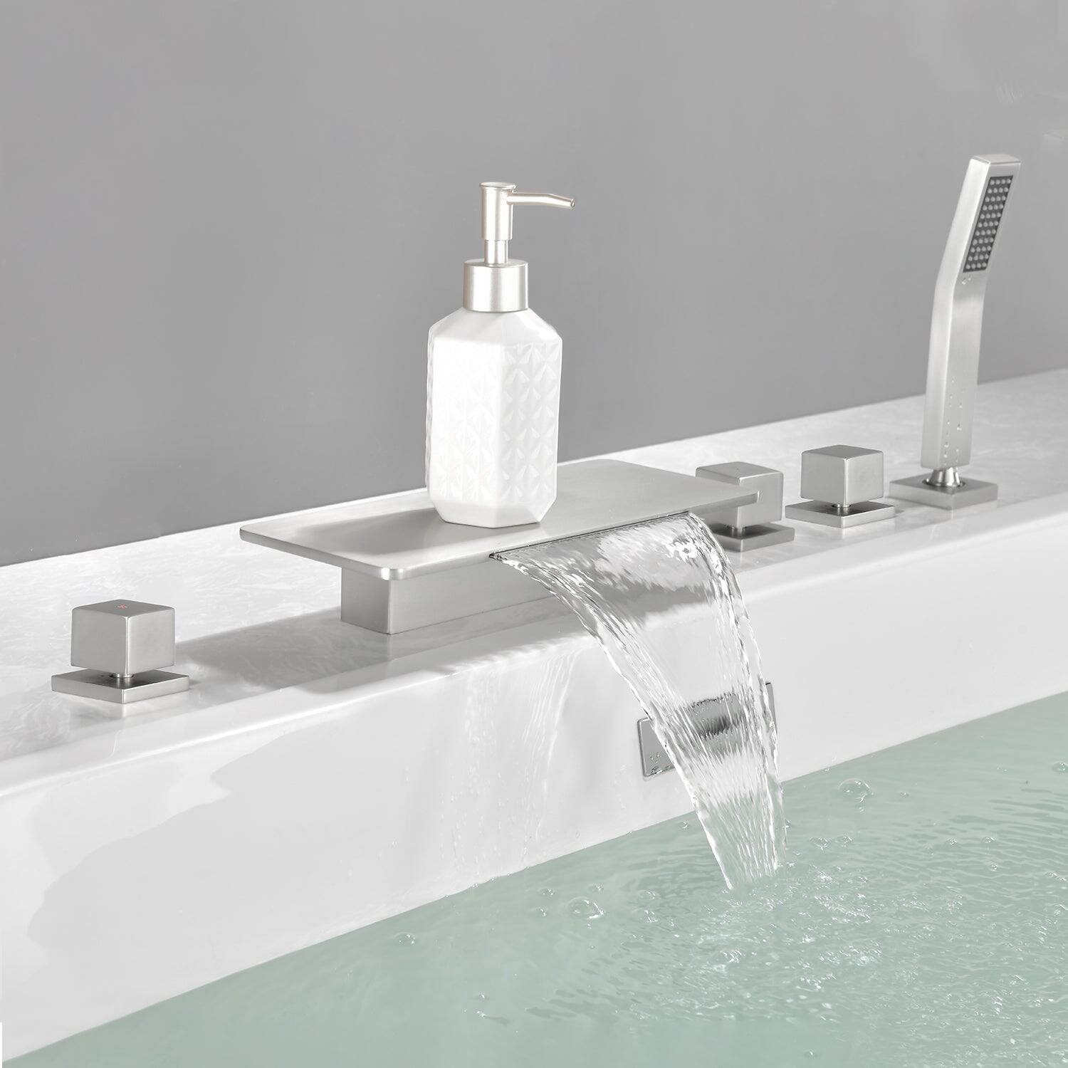 Alt View 2. Boyel Living - Brushed Nickel Bathtub Faucet with Waterfall Spout and Handheld Shower Five Hole Installation Hot Cold Control - Brushed Nickel.