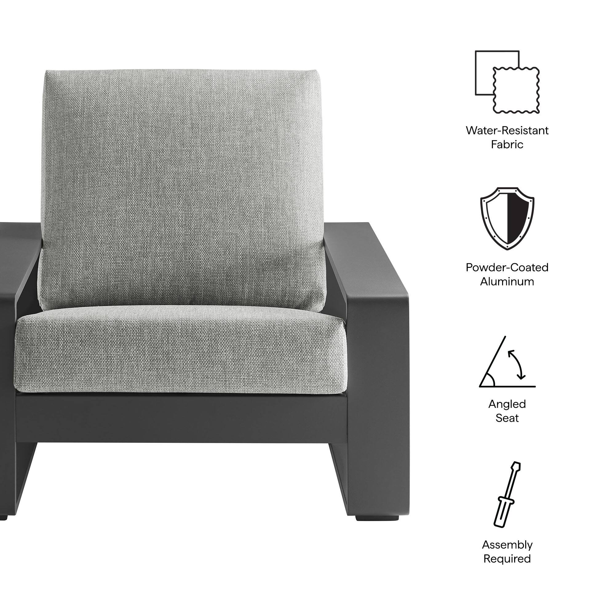 - Water-Resistant Fabric
- Powder-Coated Aluminum
- Angled Seat
- Assembly Required