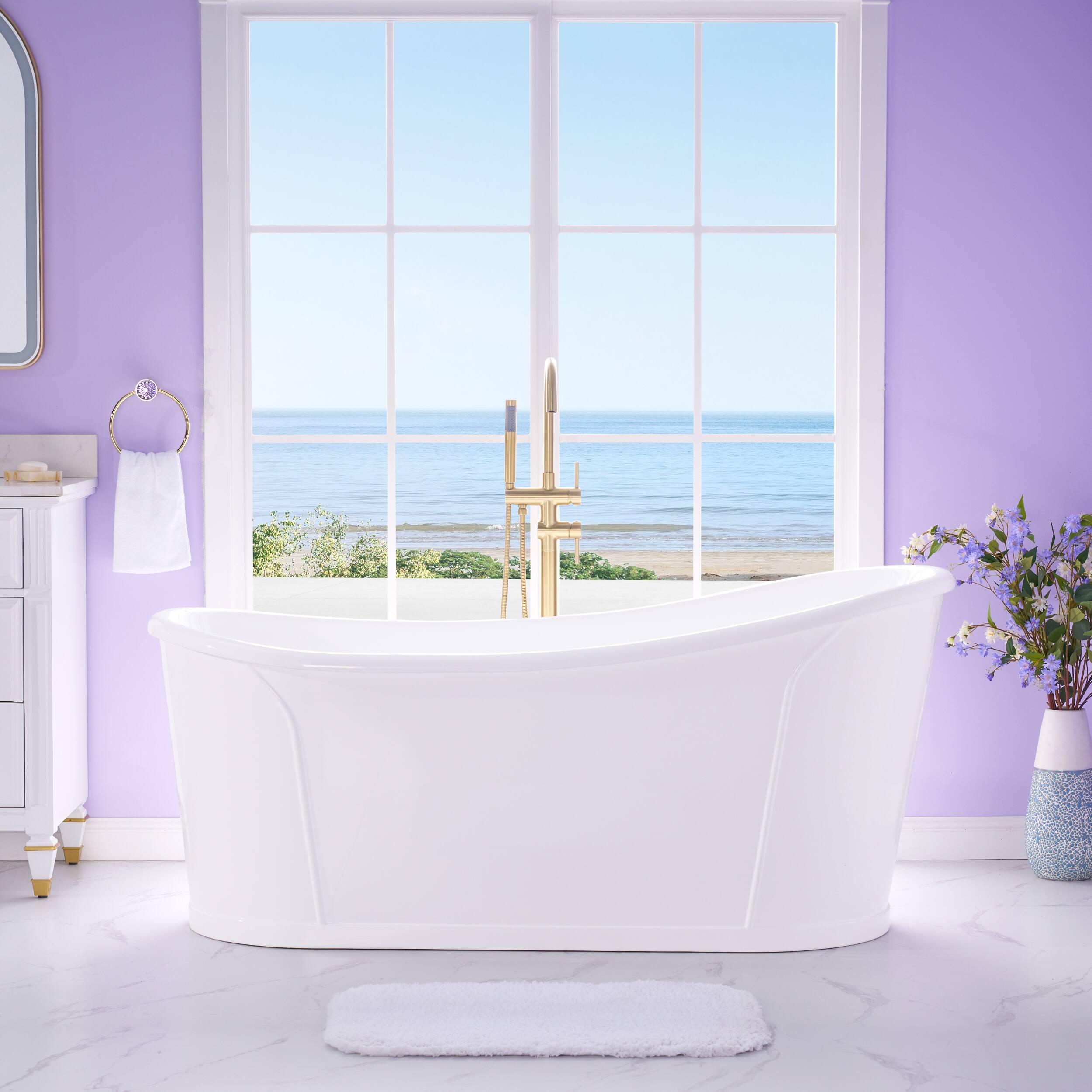 Front. WELLFOR - Luxor 66 in. x 30 in. Acrylic Oval Freestanding Soaking Bathtub with Drain and Overflow - White.