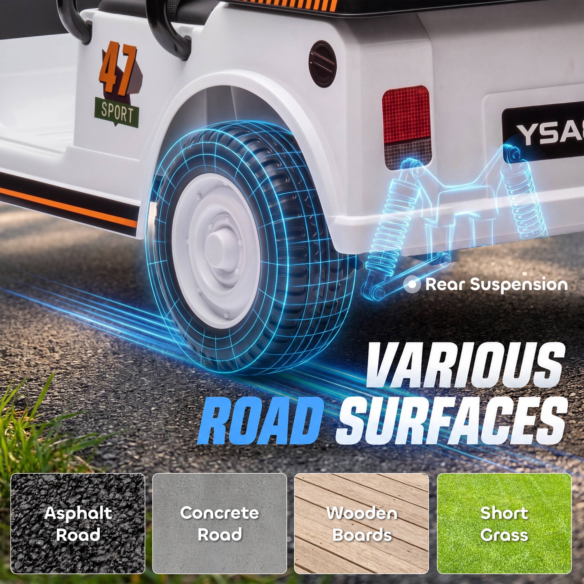 47 SPORT  
YSA  
Rear Suspension  
VARIOUS ROAD SURFACES  
Asphalt Road  
Concrete Road  
Wooden Boards  
Short Grass