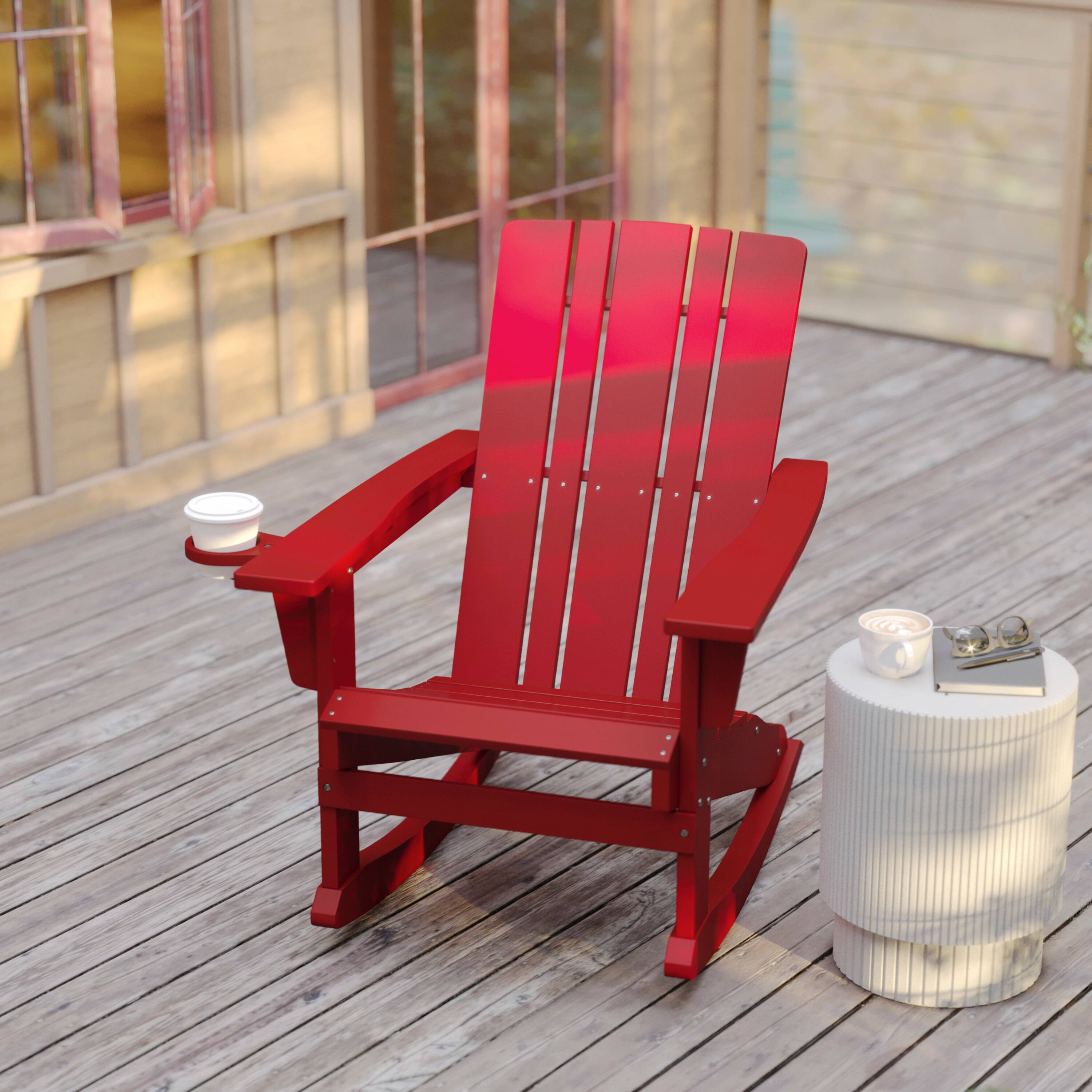 Alt View 2. Flash Furniture - Halifax Adirondack Rocking Chair with Cup Holder, Weather Resistant HDPE Adirondack Rocking Chair in Red - Red.