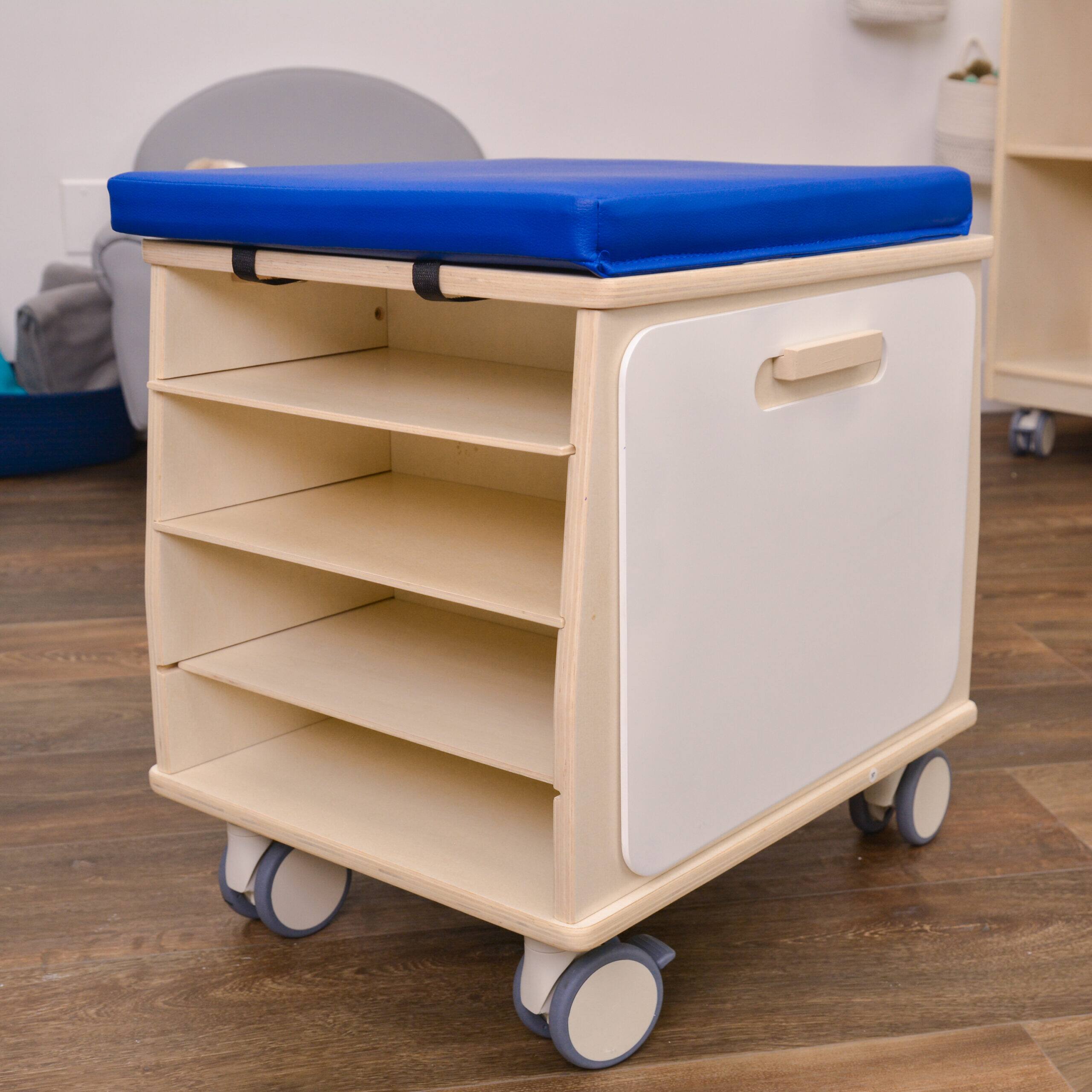 Left. Children's Factory - Mobile Teacher Stool with Storage - Blue Cushion - RTA - Blue.