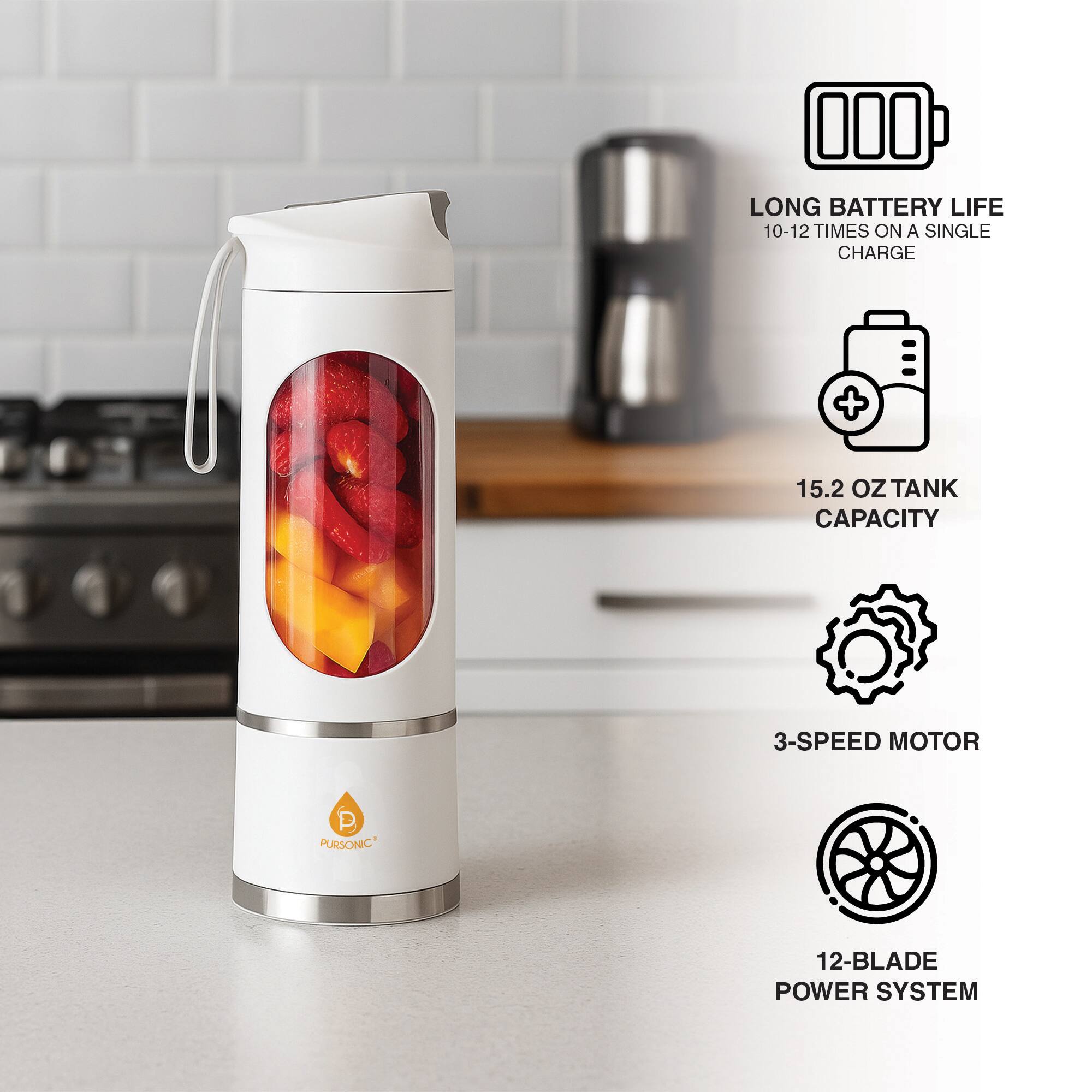 LONG BATTERY LIFE  
10-12 TIMES ON A SINGLE CHARGE  

15.2 OZ TANK CAPACITY  

3-SPEED MOTOR  

12-BLADE POWER SYSTEM