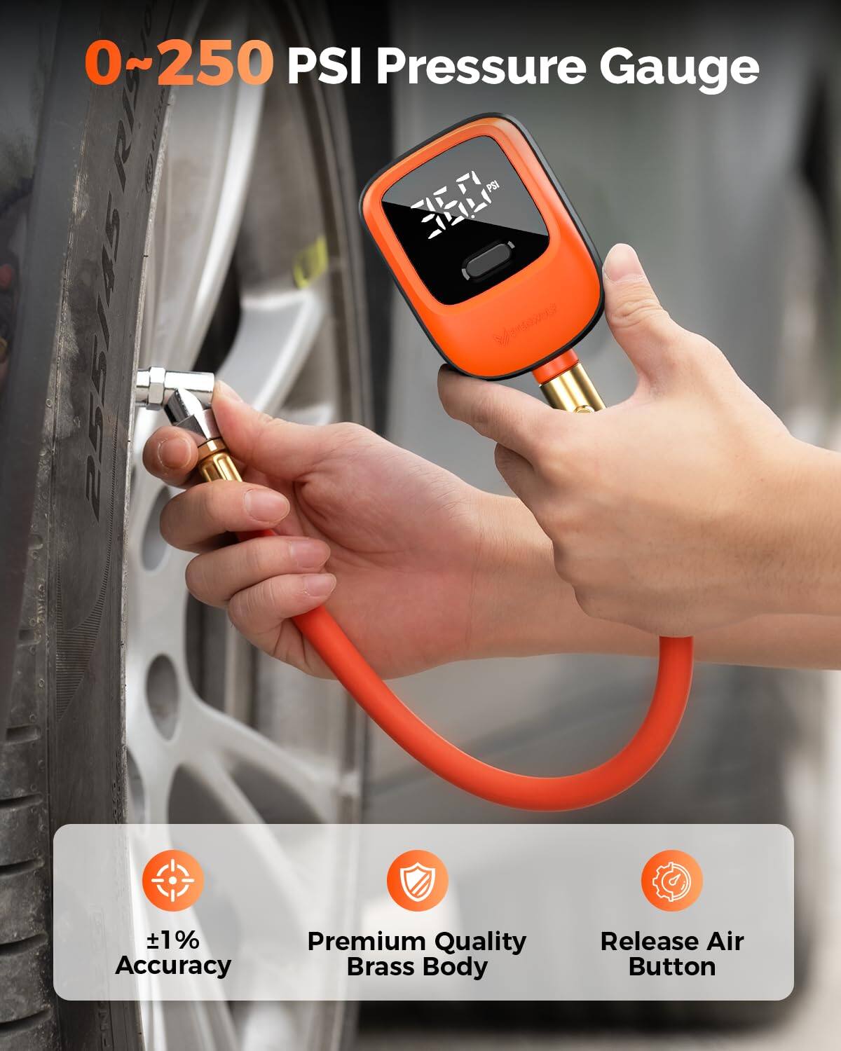 0~250 PSI Pressure Gauge

+1% Accuracy
Premium Quality Brass Body
Release Air Button