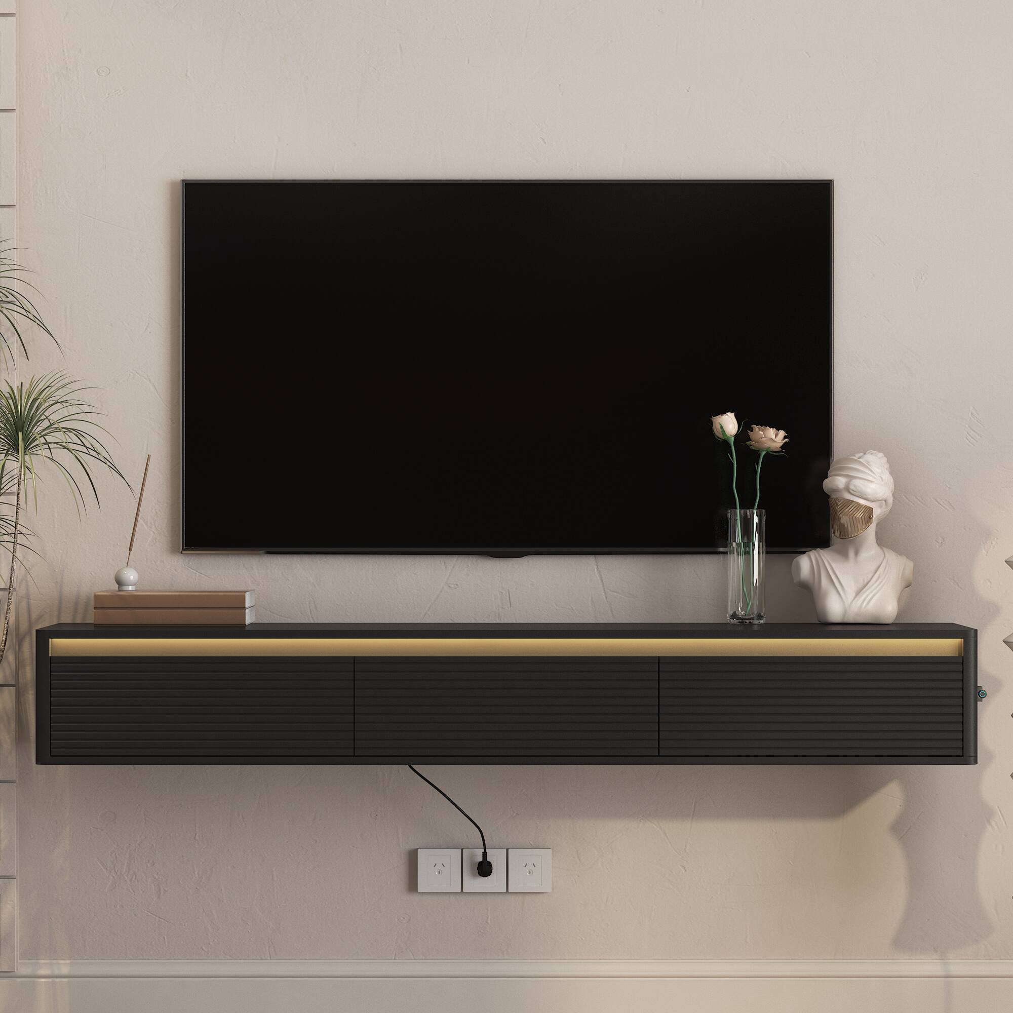Angle. Z-Edge - Floating TV Stand Wall Mounted for 65"–80" TVs, Modern Floating Entertainment Center with Storage for Living Room - Black.