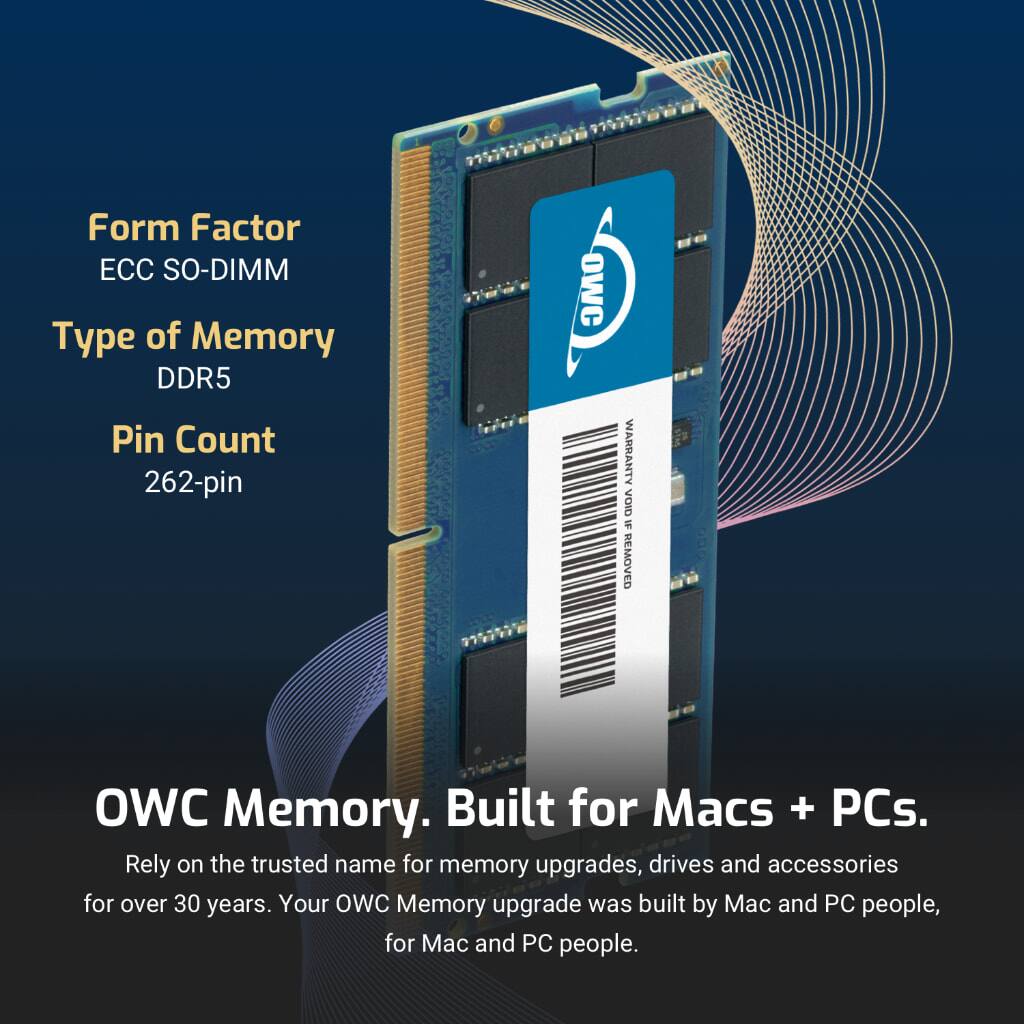 OWC 64GB (2x32GB) DDR5 5600MHz 2Rx8 CL46 ECC 262 pin SODIMM Memory