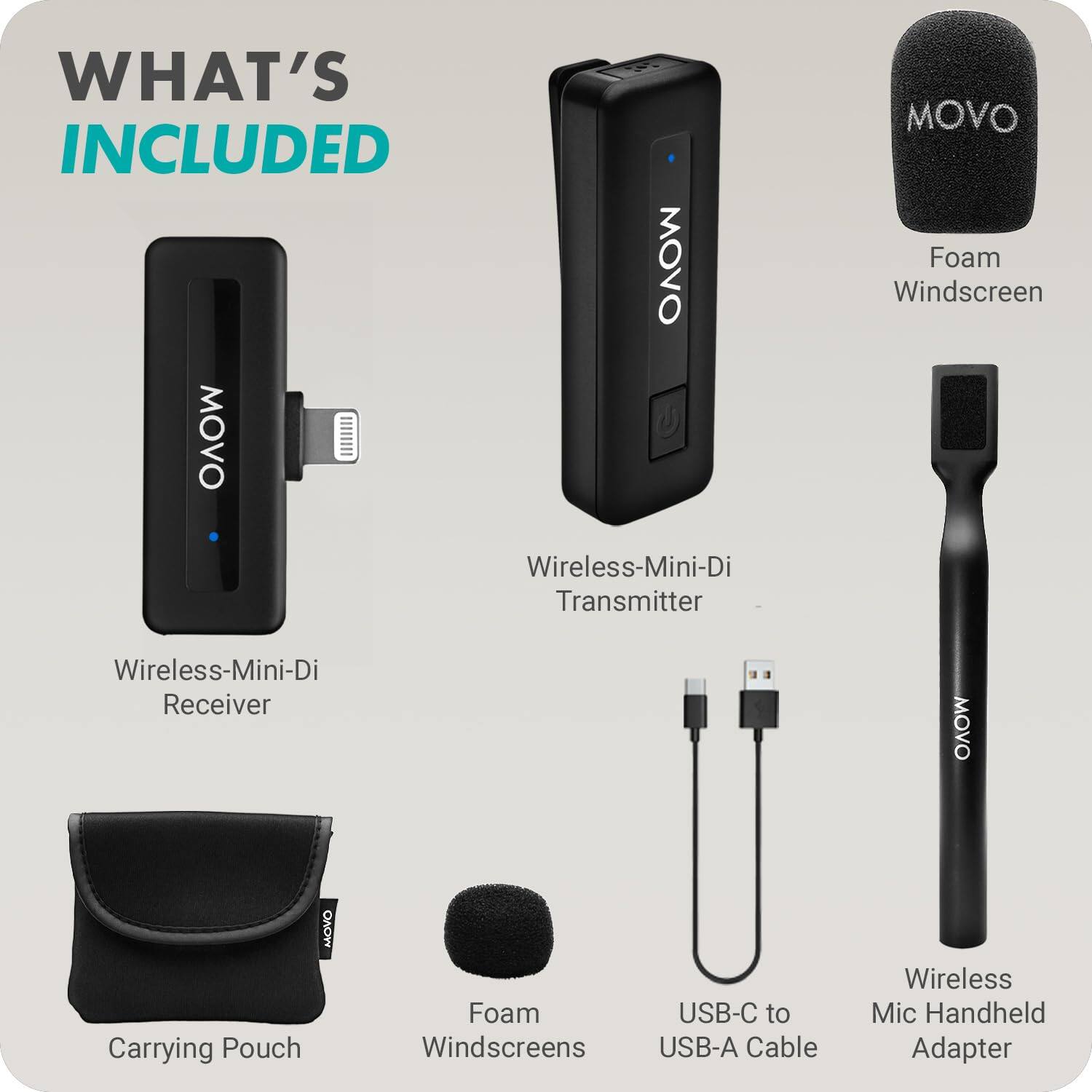 WHAT'S INCLUDED

- Wireless-Mini-Di Receiver
- Wireless-Mini-Di Transmitter
- Foam Windscreen
- Carrying Pouch
- Foam Windscreens
- USB-C to USB-A Cable
- Wireless Mic Handheld Adapter