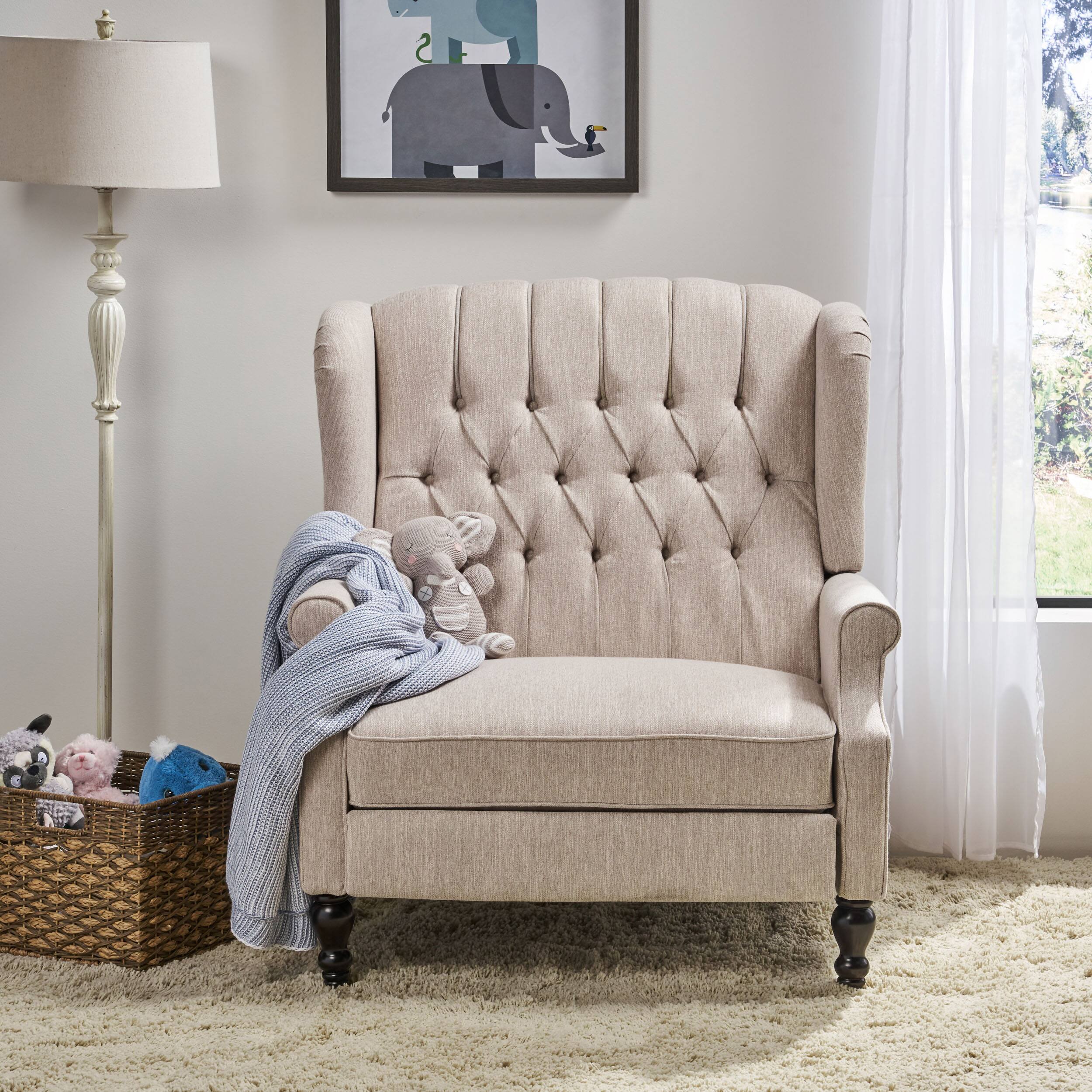 Back. APRILSOUL - Push Back Recliner Chair Fabric Lounge Armchair Rivet Decoration Wingback Single Sofa - Beige.
