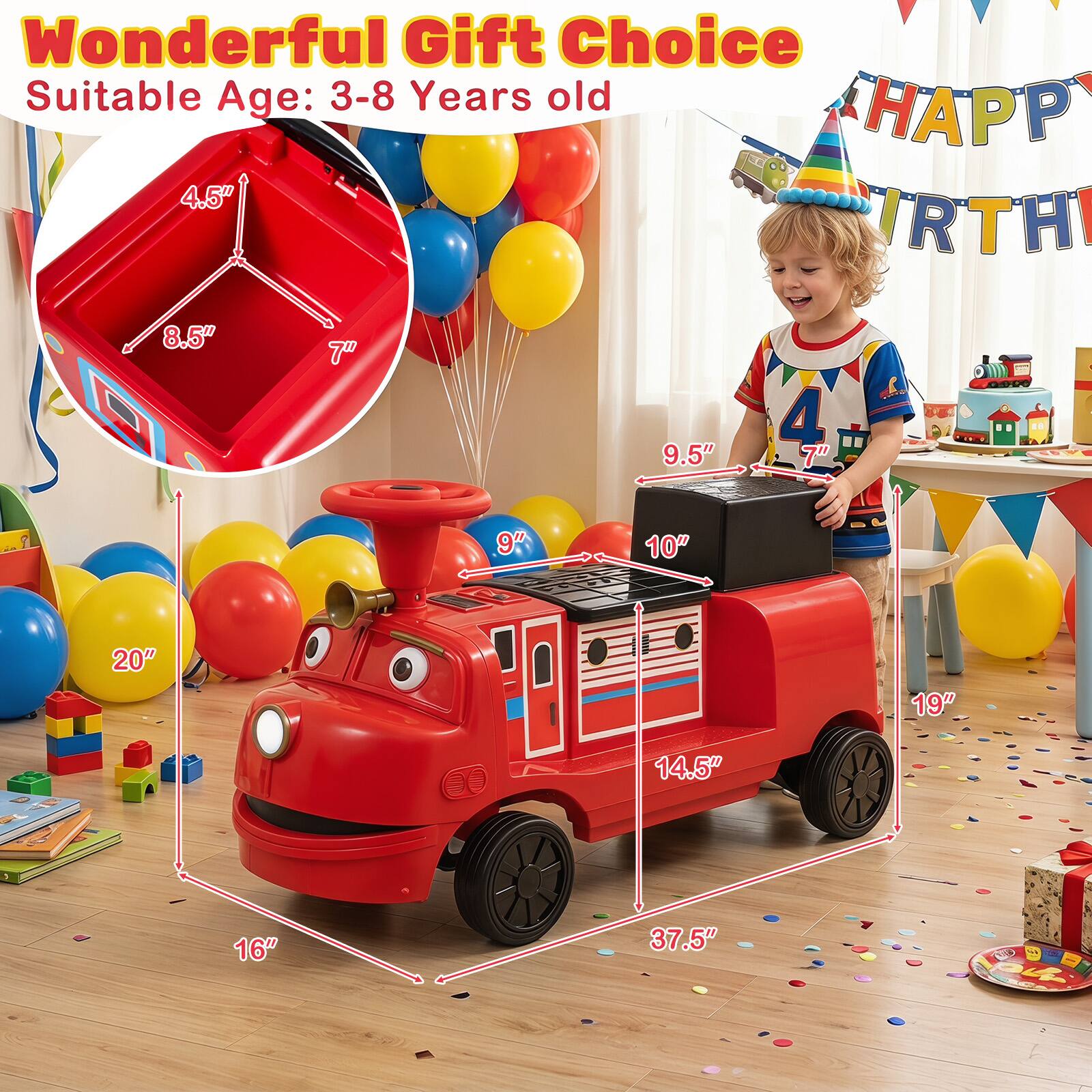 Wonderful Gift Choice  
Suitable Age: 3-8 Years old  

4.5"  
8.5"  
7"  

9.5"  
7"  
9"  
10"  
20"  
19"  
14.5"  
16"  
37.5"