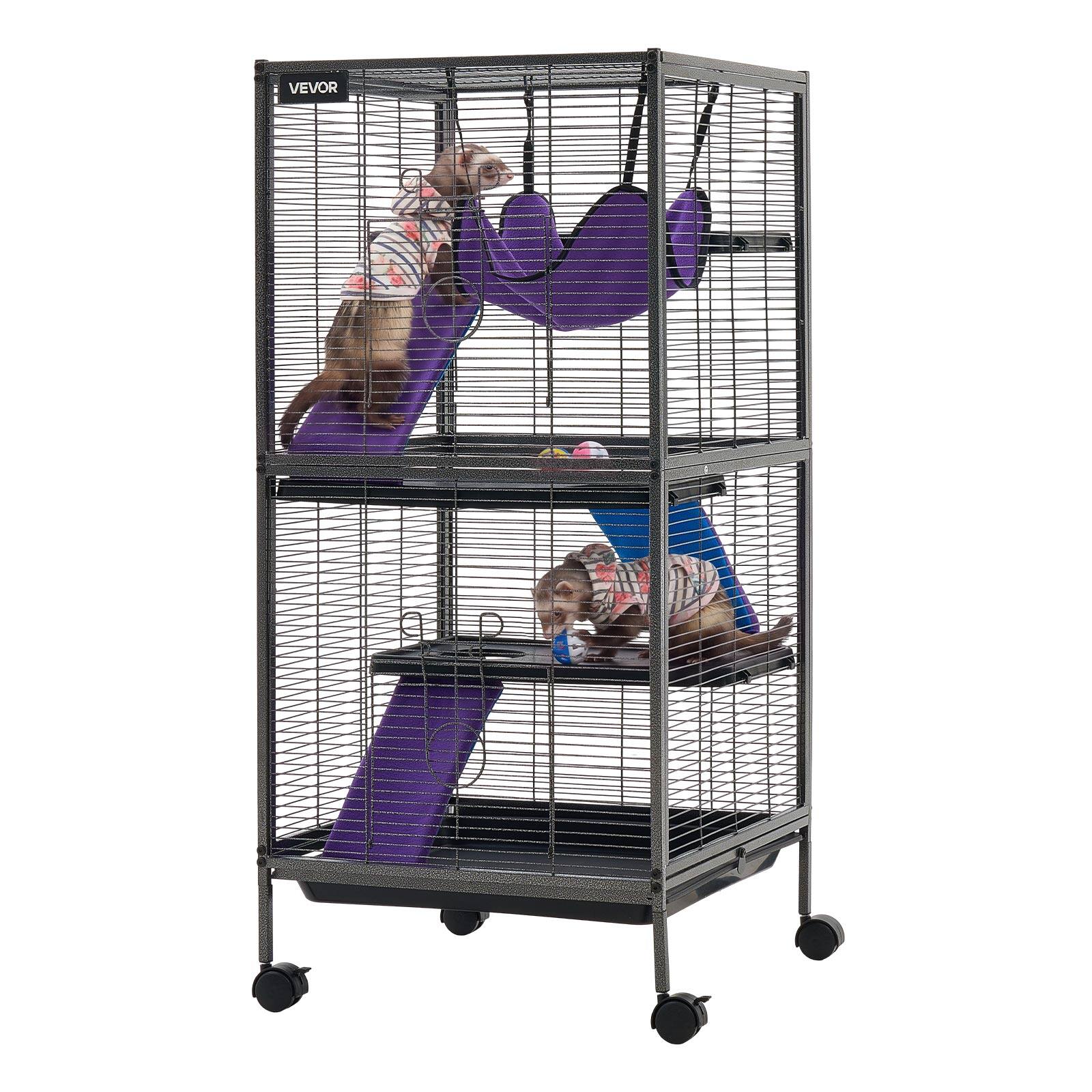 Front. VEVOR - Metal Small Animal Cage 44.5"H 4-Tier Rolling Ferret Cage On Wheels, 0.55" Wire Spacing Large Cages with Hammock, Ramps - Black with Silver Coating.