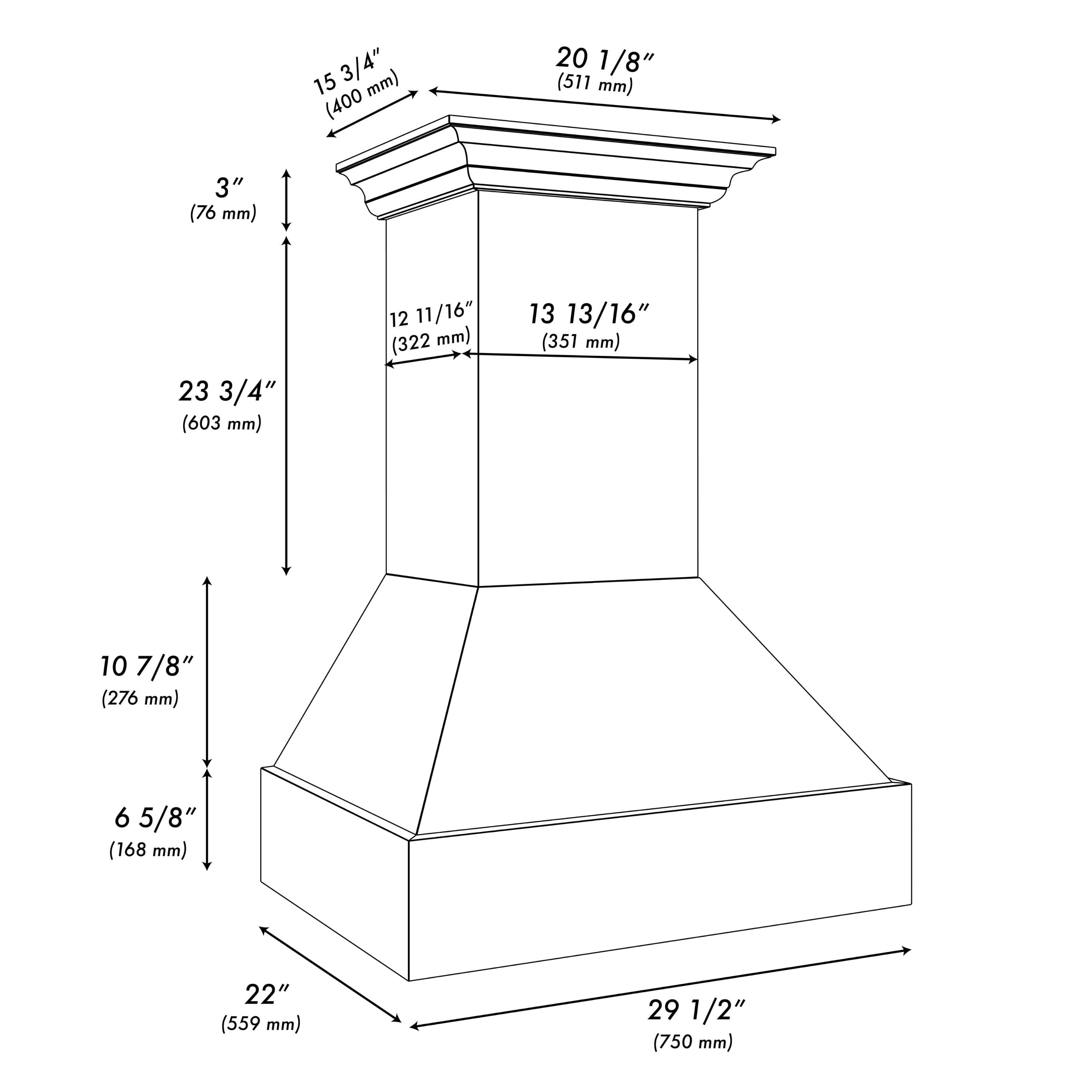 The text on the image is grouped and corrected as follows:
15 3/4" (400 20 1/8" (511 mm))
3" (76 mm)
23 3/4" (603 mm)
12 11/16" (322 mm)
13 13/16" (351 mm)
10 7/8" (276 mm)
6 5/8" (168 mm)
22" (559 mm)
29 1/2" (750 mm)