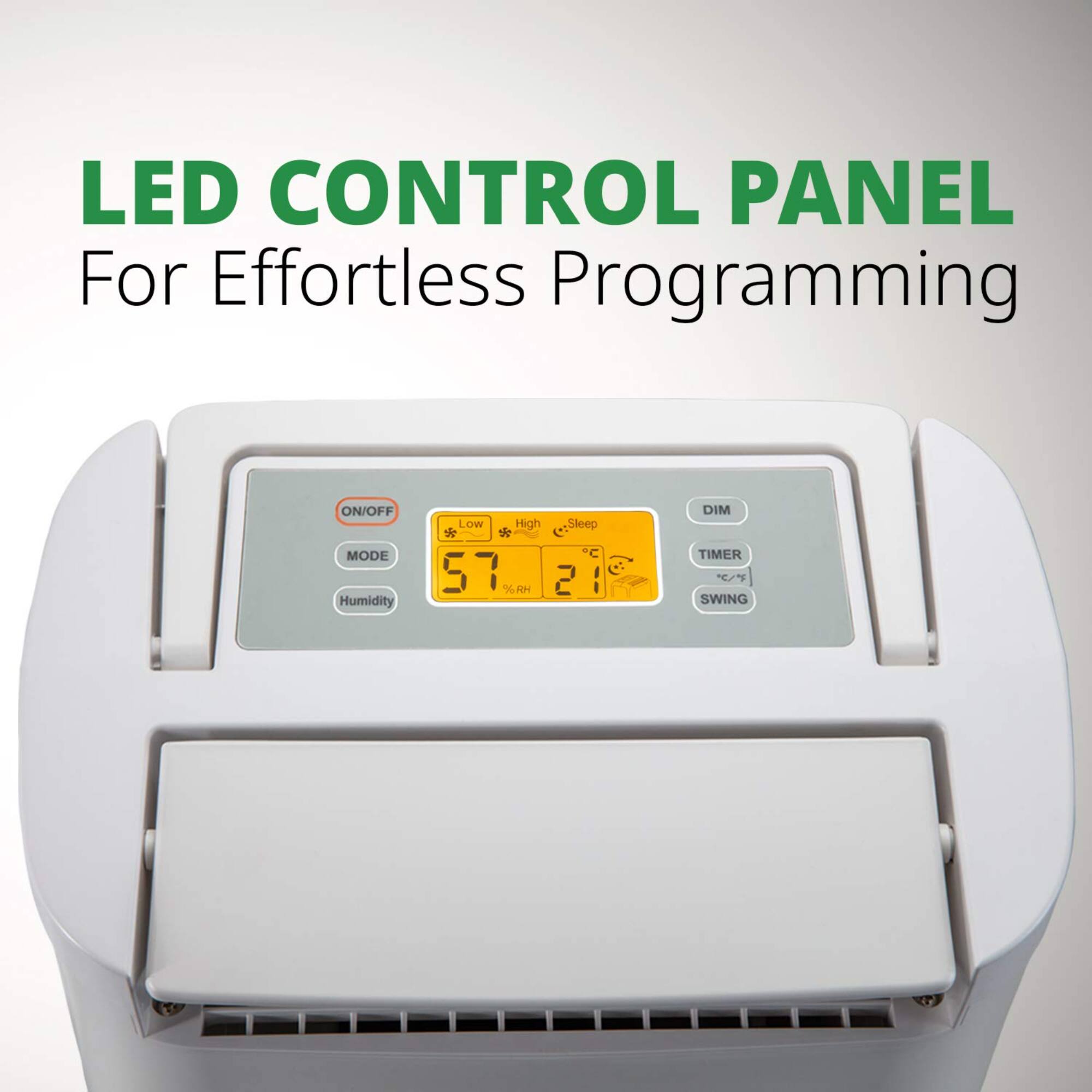 LED CONTROL PANEL For Effortless Programming ON/OFF MODE Humidity Low High DIM TIMER SWING Sleep C 2 : 57 %RH