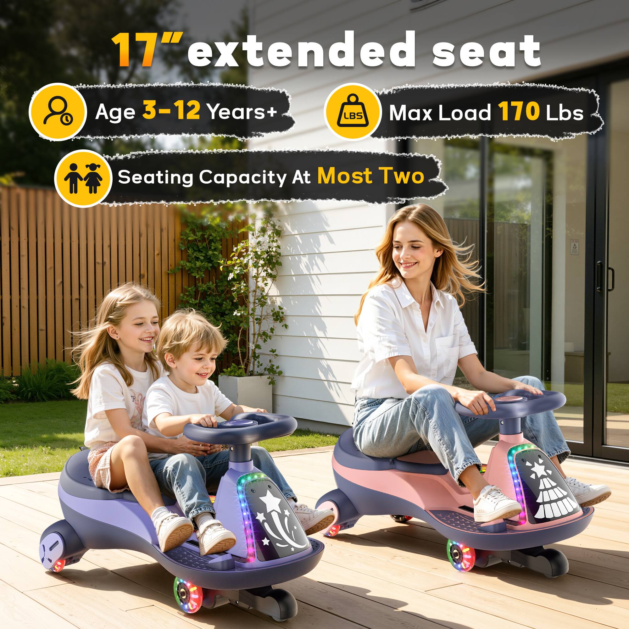 17" extended seat  
Age 3-12 Years+  
Max Load 170 Lbs  
Seating Capacity At Most Two