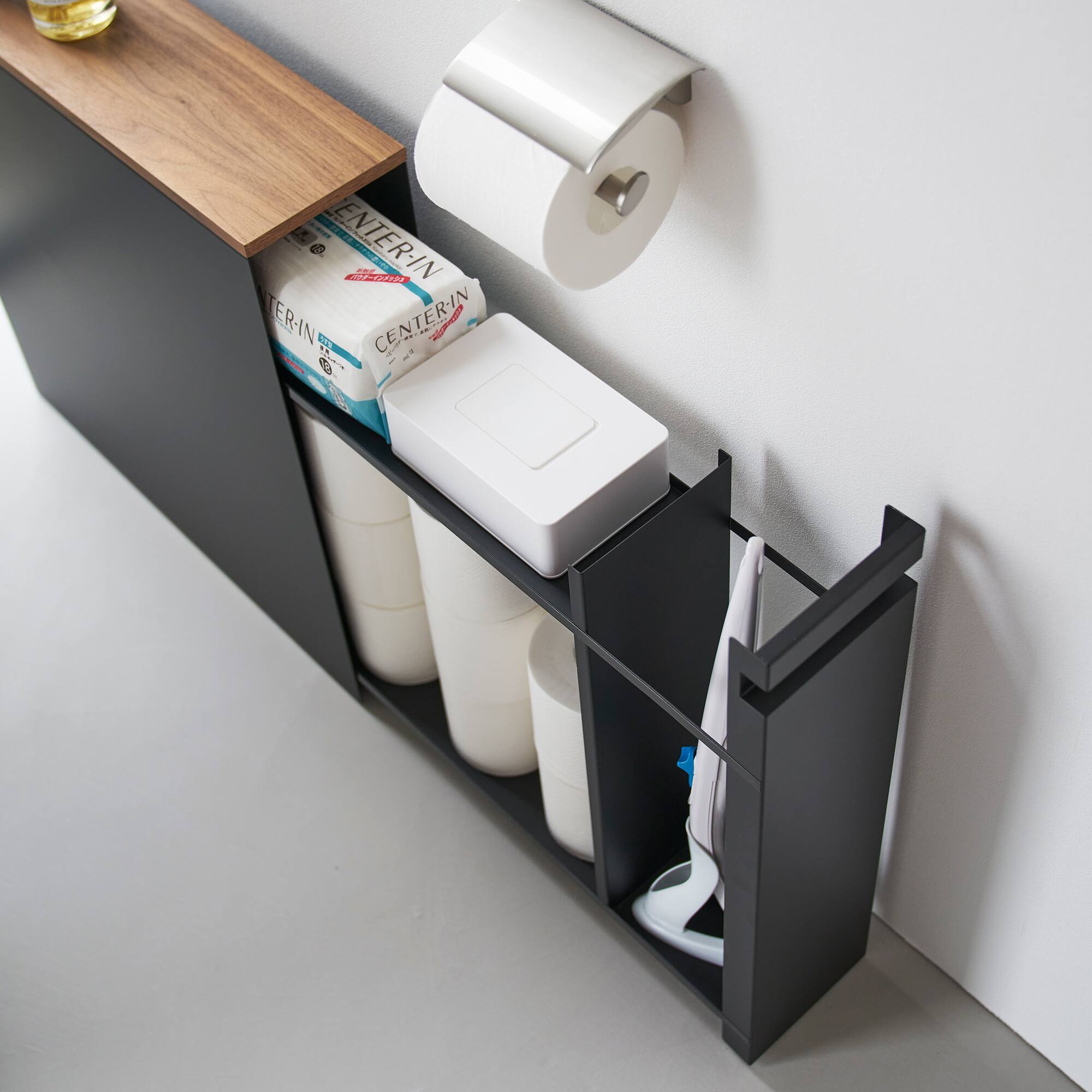Yamazaki Home Pull Out Bathroom Storage Cabinet Steel + Wood Black
