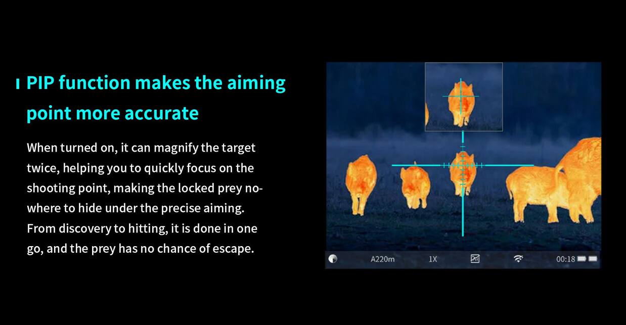 I PIP function makes the aiming point more accurate

When turned on, it can magnify the target twice, helping you to quickly focus on the shooting point, making the locked prey nowhere to hide under the precise aiming. From discovery to hitting, it is done in one go, and the prey has no chance of escape.

A220m 1X 00:18