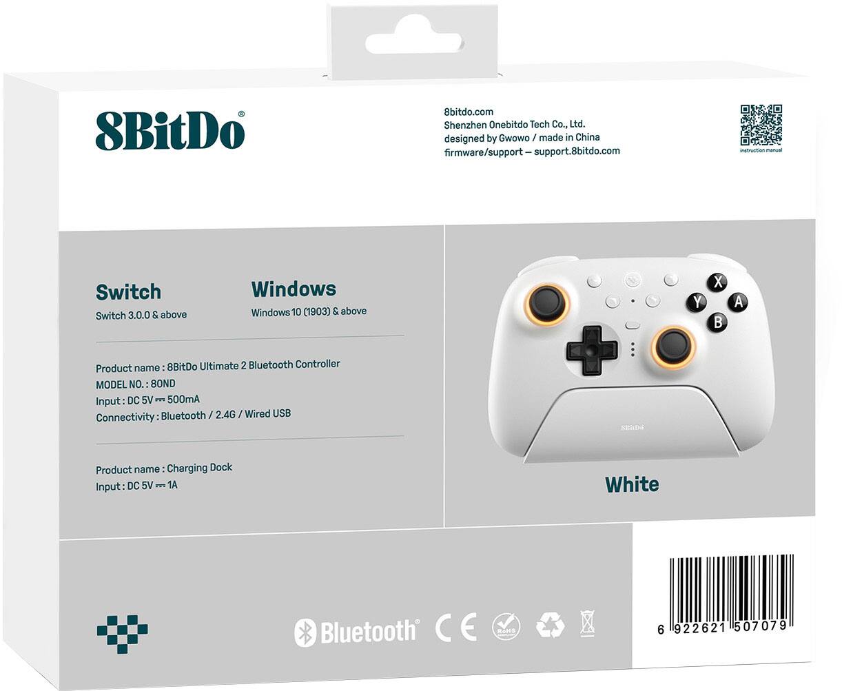 8BitDo  
8bitdo.com  
Shenzhen Onebitdo Tech Co., Ltd.  
designed by Gwowo / made in China  
firmware/support - support.8bitdo.com  

Switch  
Switch 3.0.0 & above  

Windows  
Windows 10 (1903) & above  

Product name: 8BitDo Ultimate 2 Bluetooth Controller  
MODEL NO.: 80ND  
Input: DC 5V ≈ 500mA  
Connectivity: Bluetooth / 2.4G / Wired USB  

Product name: Charging Dock  
Input: DC 5V ≈ 1A  

White  

Bluetooth  

CE  

6 922621 507079