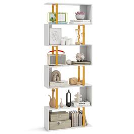 Gymax - 6-Tier Geometric Bookcase 74.5-Inch S-Shaped Bookshelf w/ Metal Frame Gold - White, Gold