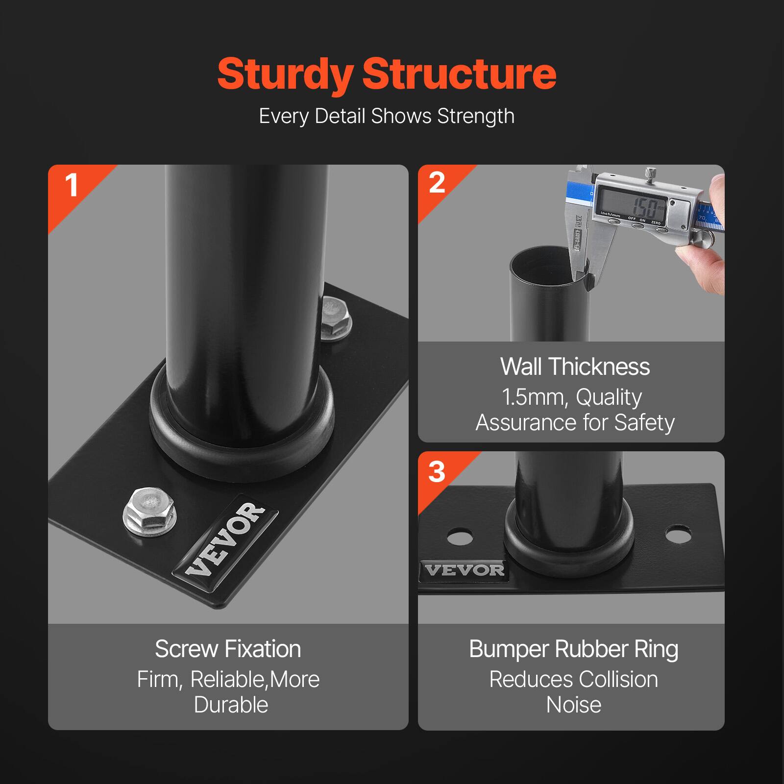 Sturdy Structure  
Every Detail Shows Strength  

1. Screw Fixation  
Firm, Reliable, More Durable  

2. Wall Thickness  
1.5mm, Quality Assurance for Safety  

3. Bumper Rubber Ring  
Reduces Collision Noise