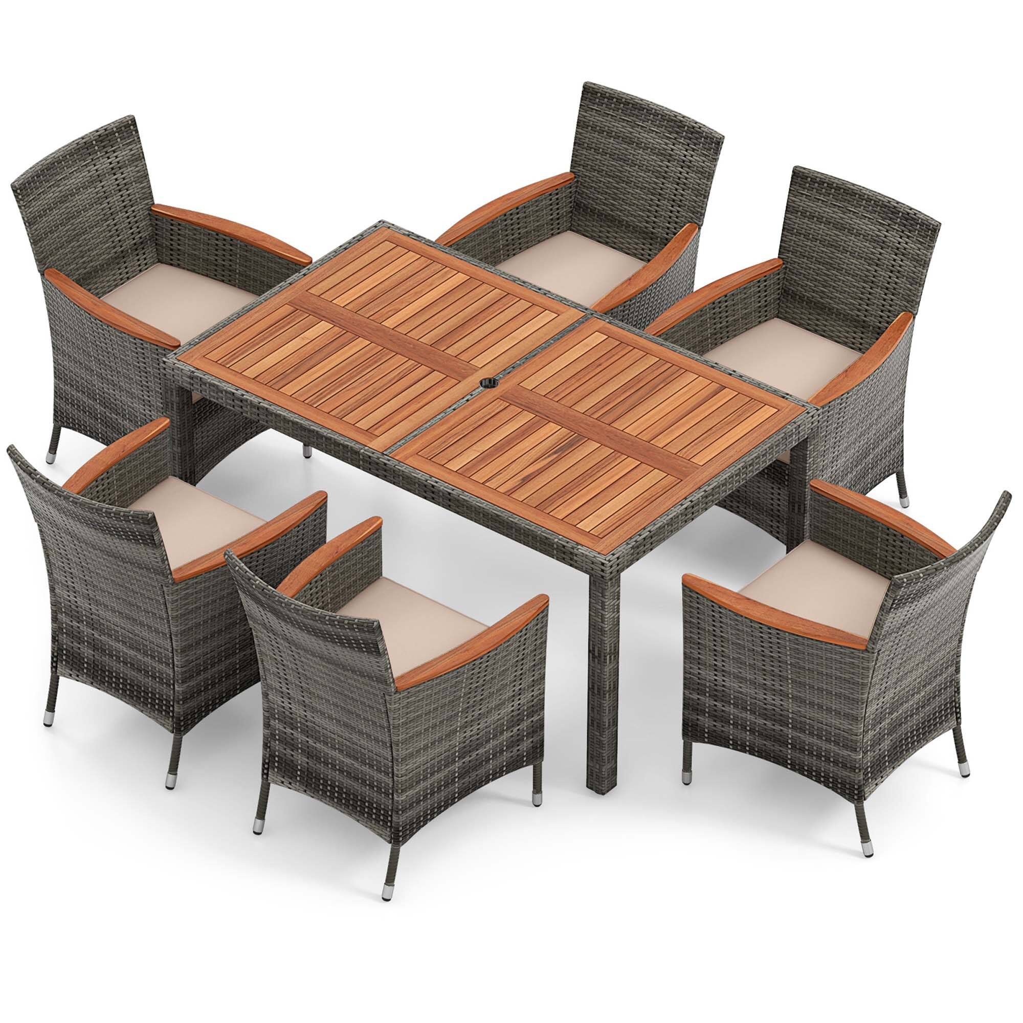 Alt View 4. Gymax - Gymax 7 PCS Patio Wicker Dining Set w/ Acacia Wood Table & 6 Armchairs - Mix Gray, Beige.