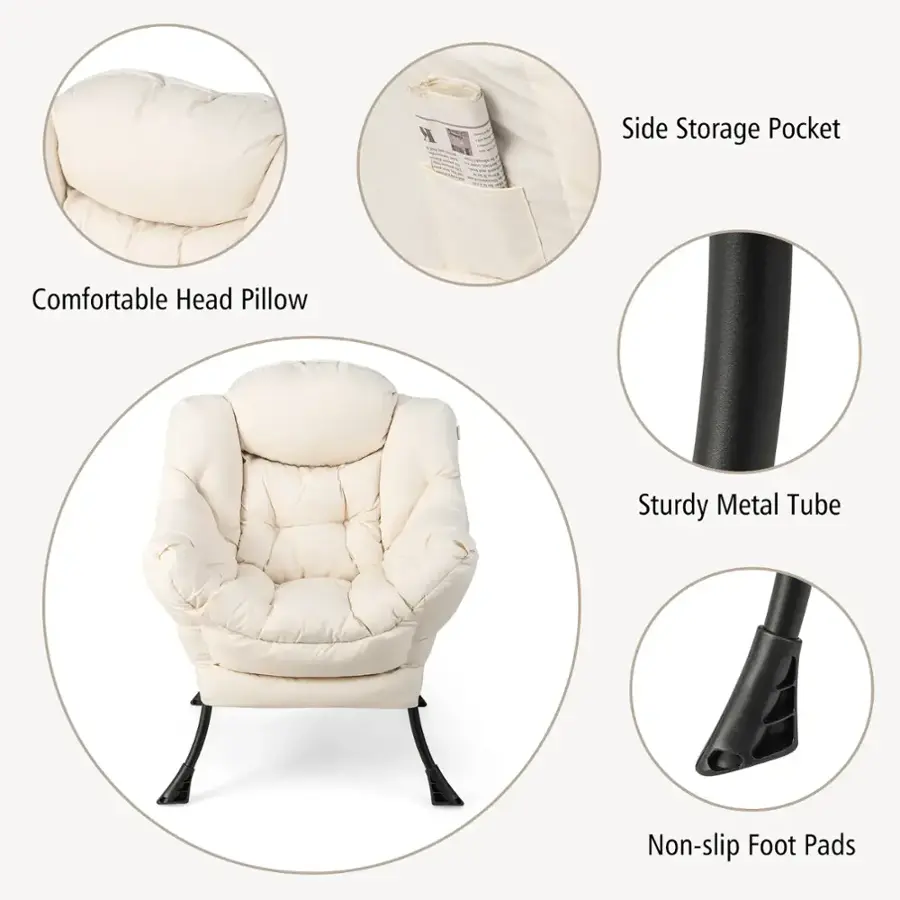 The text on the image is already grouped and correctly labeled. The labels are:

1. Comfortable Head Pillow
2. Side Storage Pocket
3. Sturdy Metal Tube
4. Non-slip Foot Pads