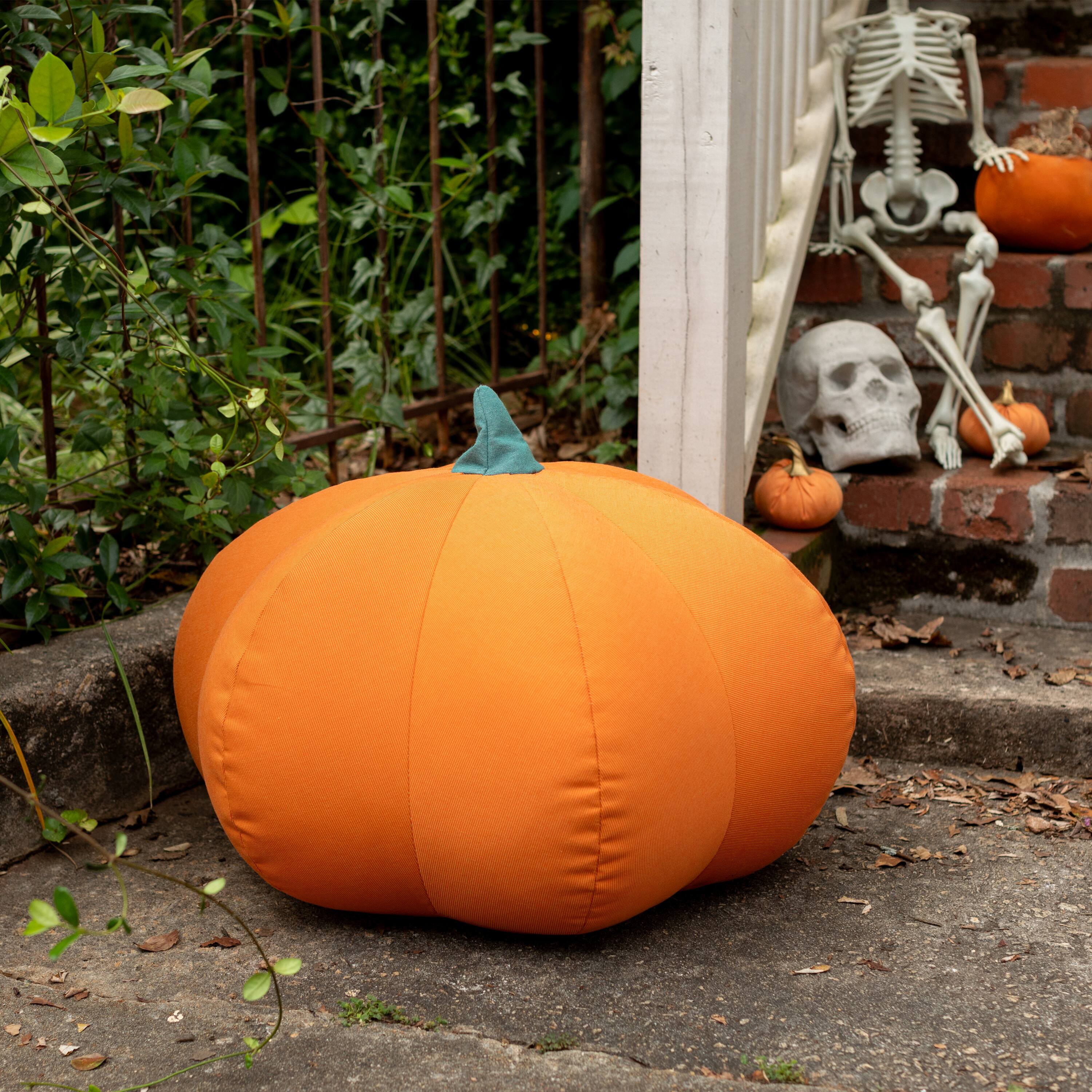 Angle. Jaxx - Jaxx Pumpkin Pouf - Luxurious Ottoman for Fall & Halloween Décor - Indoor/Outdoor Sunbrella Tangerine - Sunbrella Breeze.