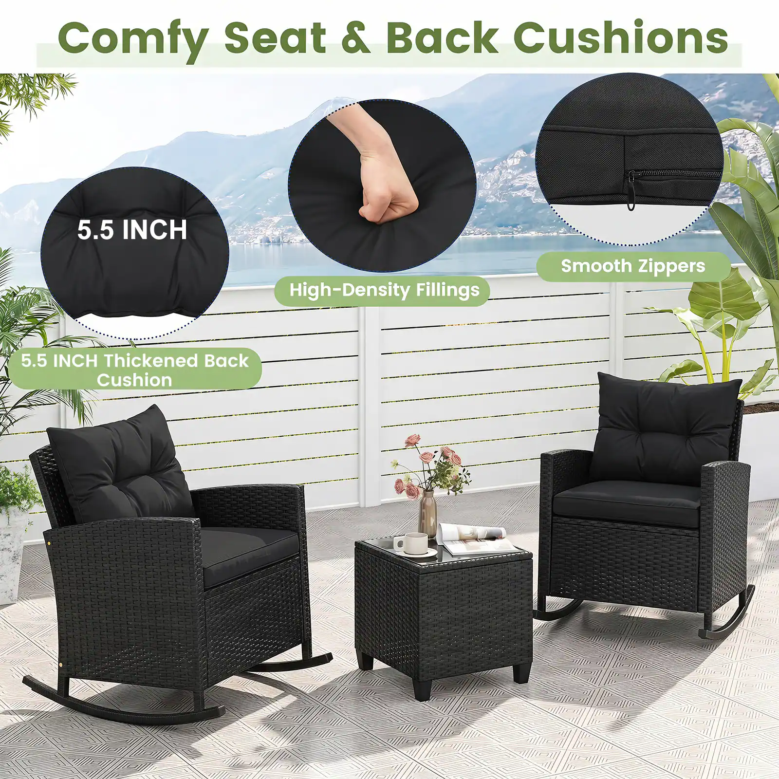 Comfy Seat & Back Cushions

5.5 INCH High-Density Fillings

Smooth Zippers

5.5 INCH Thickened Back Cushion