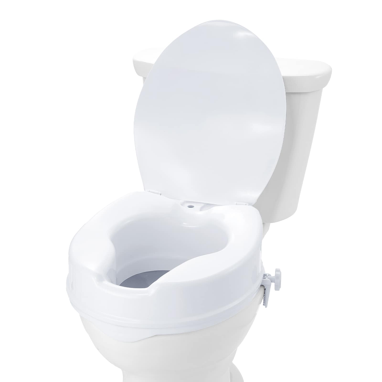 Front. VEVOR - Raised Toilet Seat, 4" Height Raised, 300 lbs Weight Capacity, Universal Toilet Seat Riser, Screw Rod Locking - White.