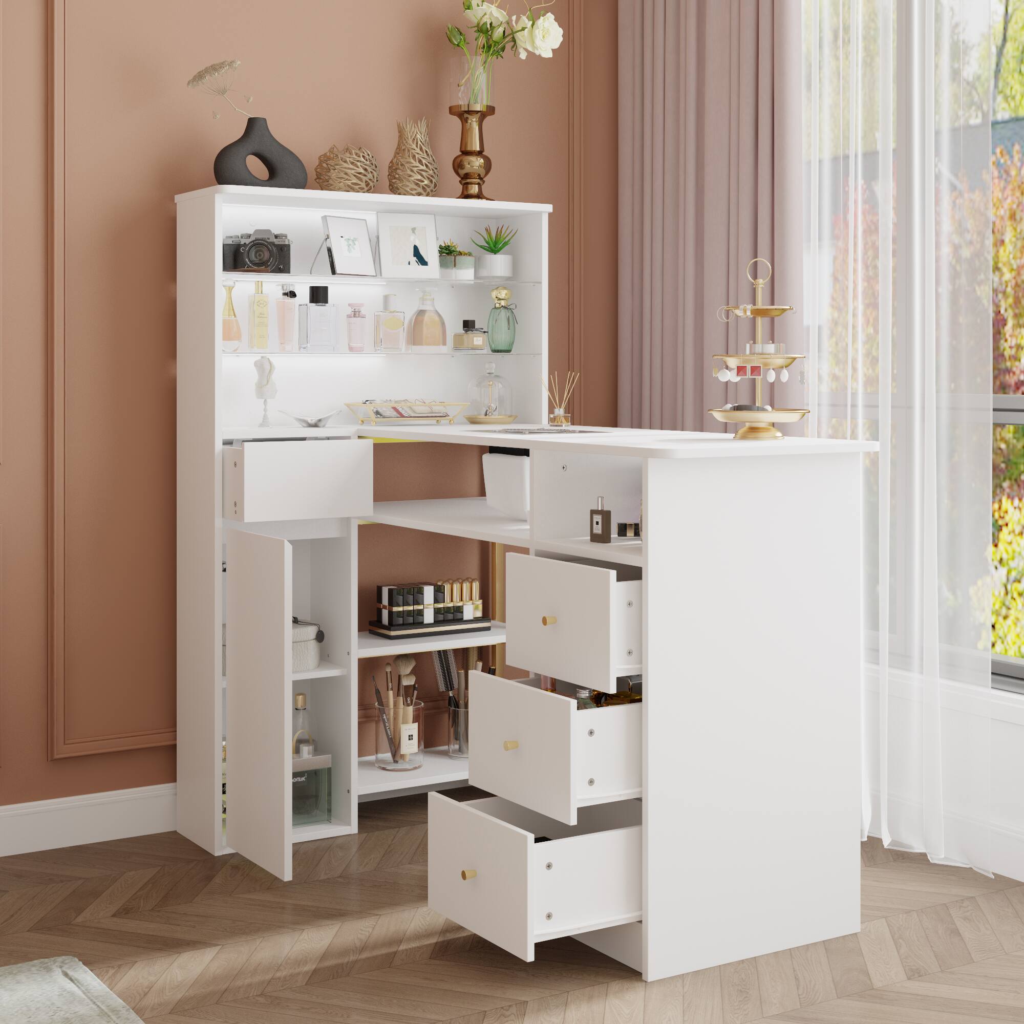 Angle. Famapy - Luxury Nail Desk and Makeup Vanity with Storage Drawers Dust Collector Ergonomic Beauty Workstation Table - White.