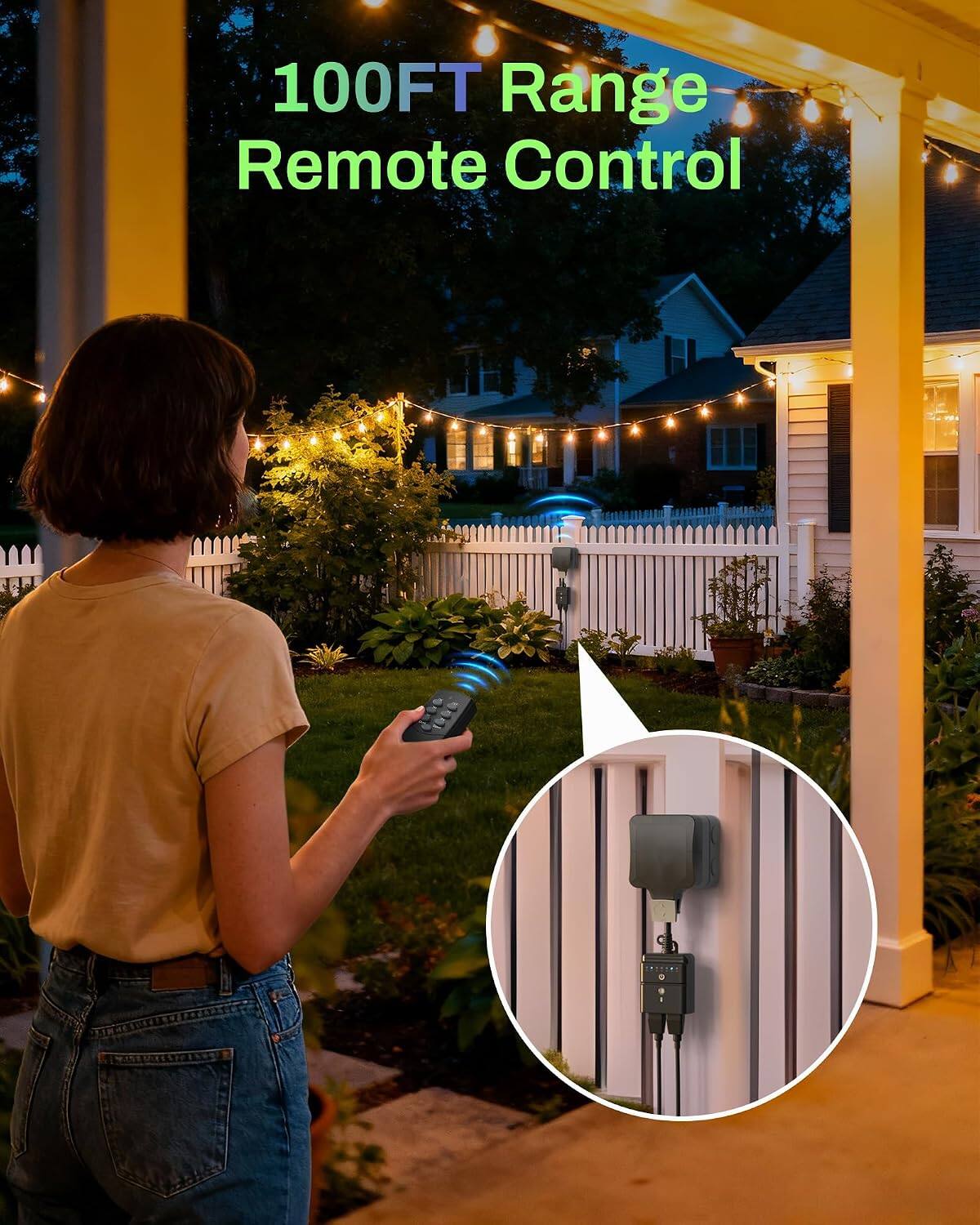 BN LINK Outdoor Timer for Lights, 100FT Remote Control 2 Outlets, Dusk ...