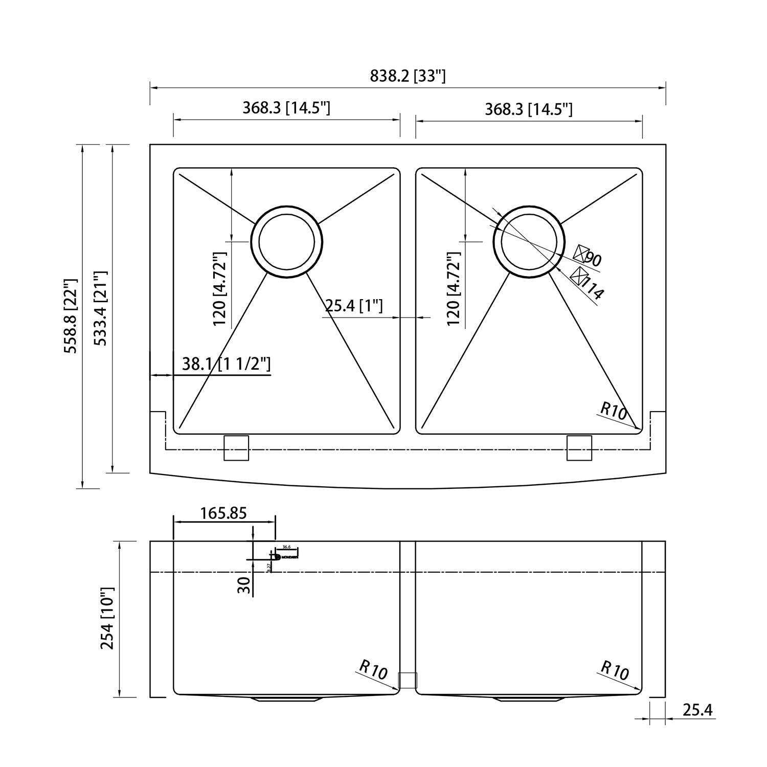 838.2 [33"] 368.3 [14.5"] 368.3 [14.5"] 558.8 [21"] 533.4 [12"] 120 [4.72"] 38.1 [1 1/2"] 25.4 [1"] 120 X90 X14 R10 165.85 D [10"] 254 30 : R10 R10 25.4