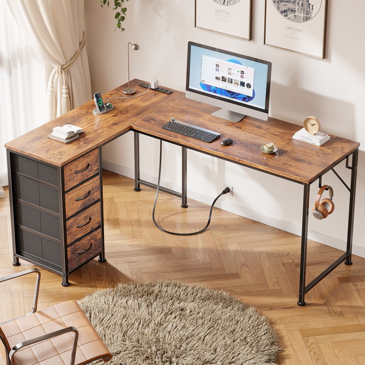Furnulem - L Shaped Computer Desk with Power Outlets and USB Port Reversible Corner Gaming Desk with Storage Drawers - Brown