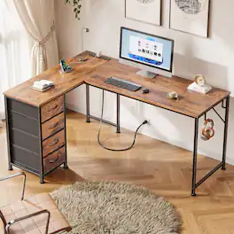 Furnulem - L Shaped Computer Desk with Power Outlets and USB Port Reversible Corner Gaming Desk with Storage Drawers - Brown