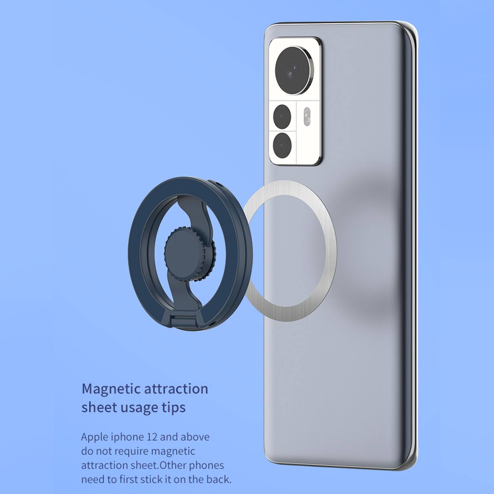 Magnetic attraction sheet usage tips

Apple iphone 12 and above do not require magnetic attraction sheet. Other phones need to first stick it on the back.