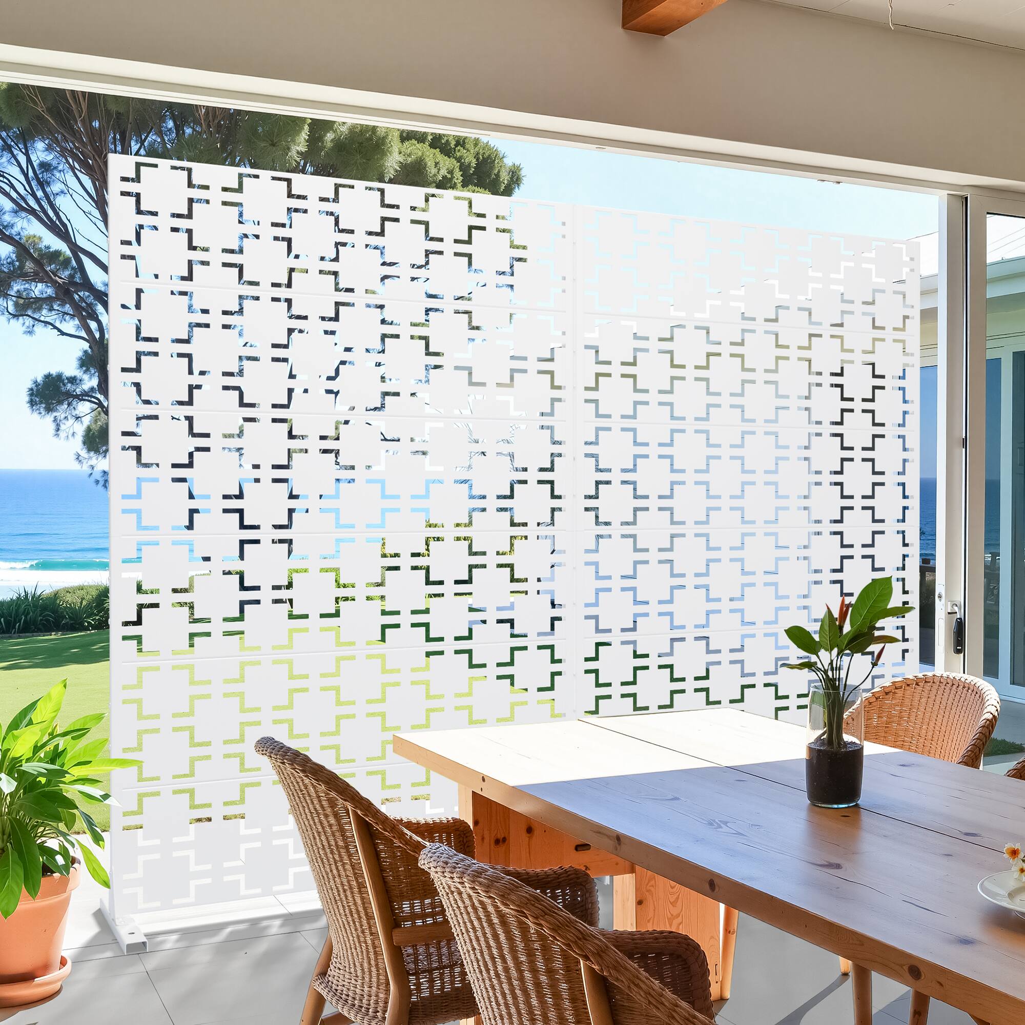 Alt View 2. PexFix - 72 in. x 47 in. Square Pattern Metal Outdoor Privacy Screen & Panels, Freestanding Garden Divider Fence - White.