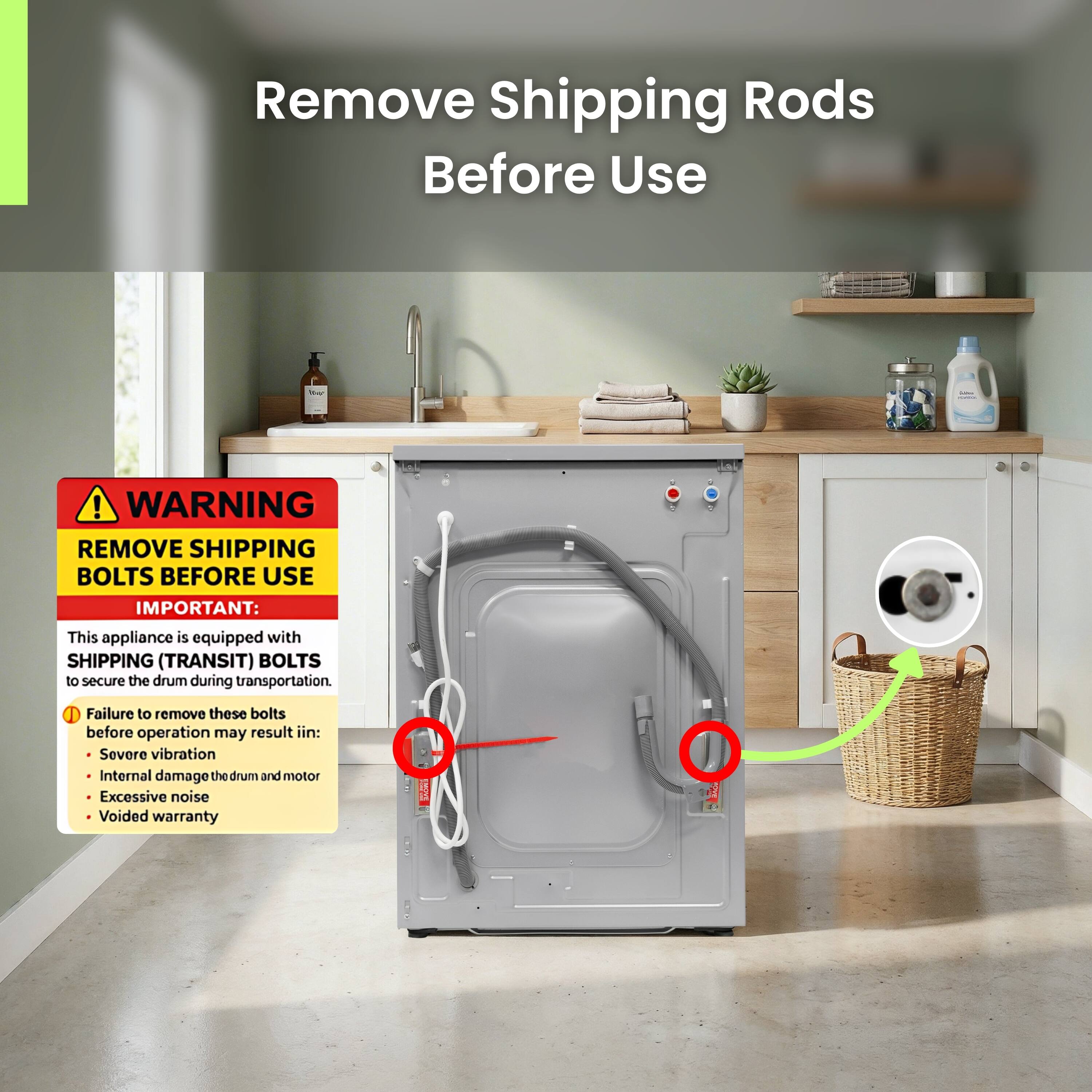 Remove Shipping Rods Before Use

**WARNING REMOVE SHIPPING BOLTS BEFORE USE**

IMPORTANT: This appliance is equipped with SHIPPING (TRANSIT) BOLTS to secure the drum during transportation. Failure to remove these bolts before operation may result in:

- Severe vibration
- Internal damage to the drum and motor
- Excessive noise
- Voided warranty