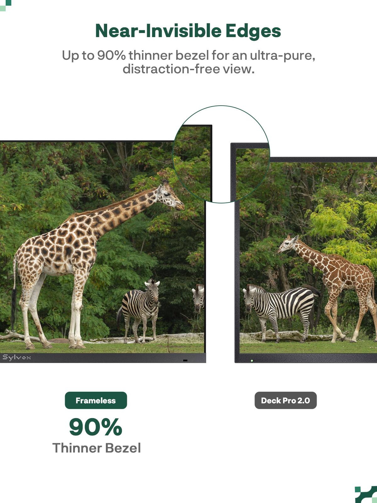 Near-Invisible Edges  
Up to 90% thinner bezel for an ultra-pure, distraction-free view.  

Sylvex Frameless Deck Pro 2.0  
90% Thinner Bezel