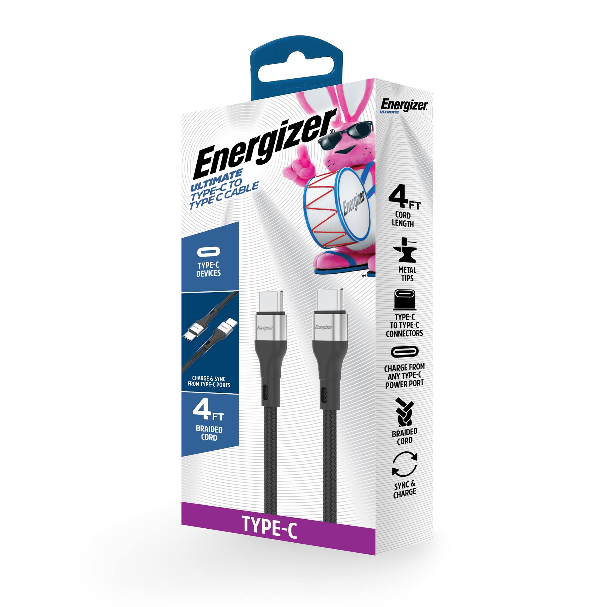 Energizer Braided USB C to USB C Cable – 4ft Durable Cord – Charge ...