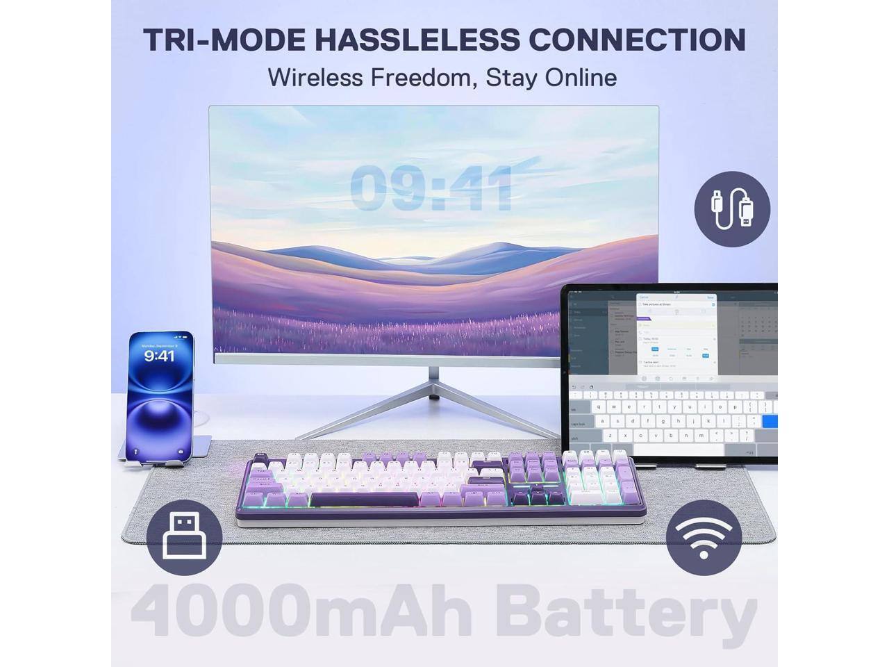 TRI-MODE HASSLELESS CONNECTION  
Wireless Freedom, Stay Online  

09:41  

4000mAh Battery