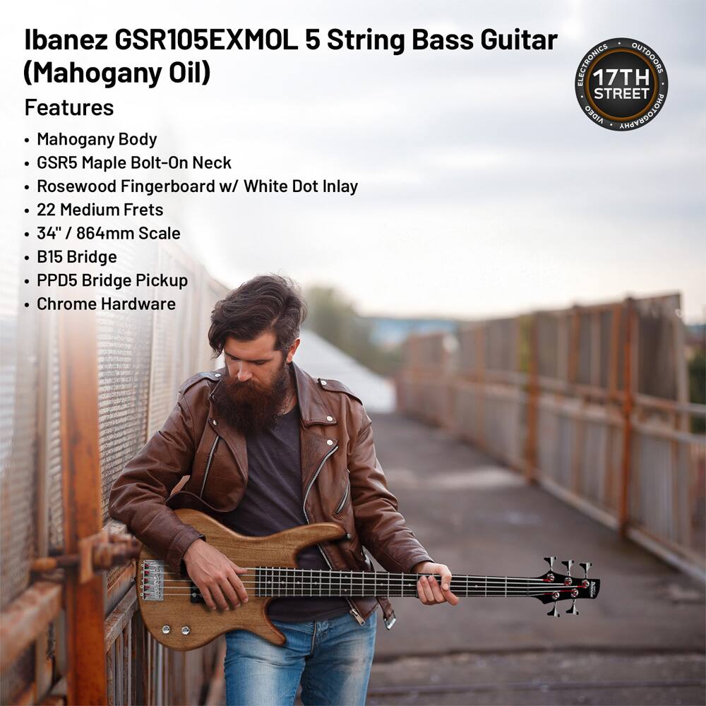 Ibanez GSR105EXMOL 5 String Bass Guitar (Mahogany Oil)

Features
- Mahogany Body
- GSR5 Maple Bolt-On Neck
- Rosewood Fingerboard w/ White Dot Inlay
- 22 Medium Frets
- 34" / 864mm Scale
- B15 Bridge
- PPD5 Bridge Pickup
- Chrome Hardware