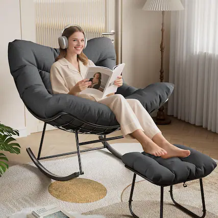 Front. Acekool - Oversized Papasan Lounge Chair with Footrest, Outdoor Rattan Egg Rocker, Metal Frame, Patio Ottoman Set, Gray - Gray.