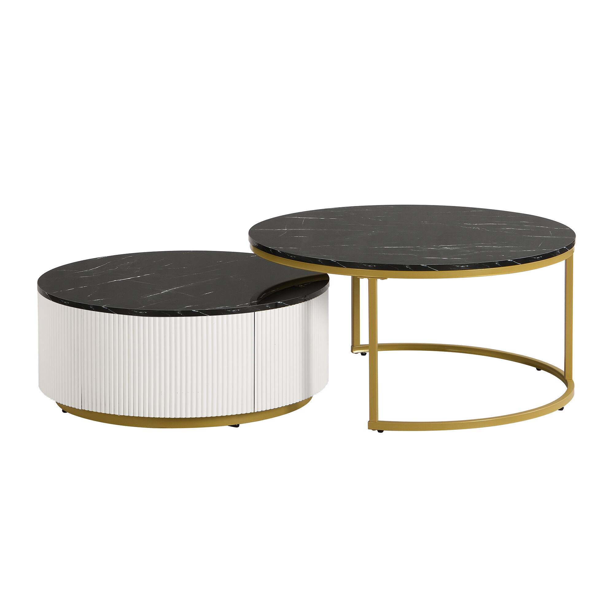 Alt View 8. Tiramisubest - Modern Round Nesting Coffee Table Fluted with Drawer in Black & Gold in 27.6" - Black.
