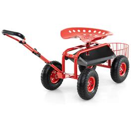 Costway - Garden Cart Patio Wagon Roll Work Seat with Tray Basket Extendable Handle - Red